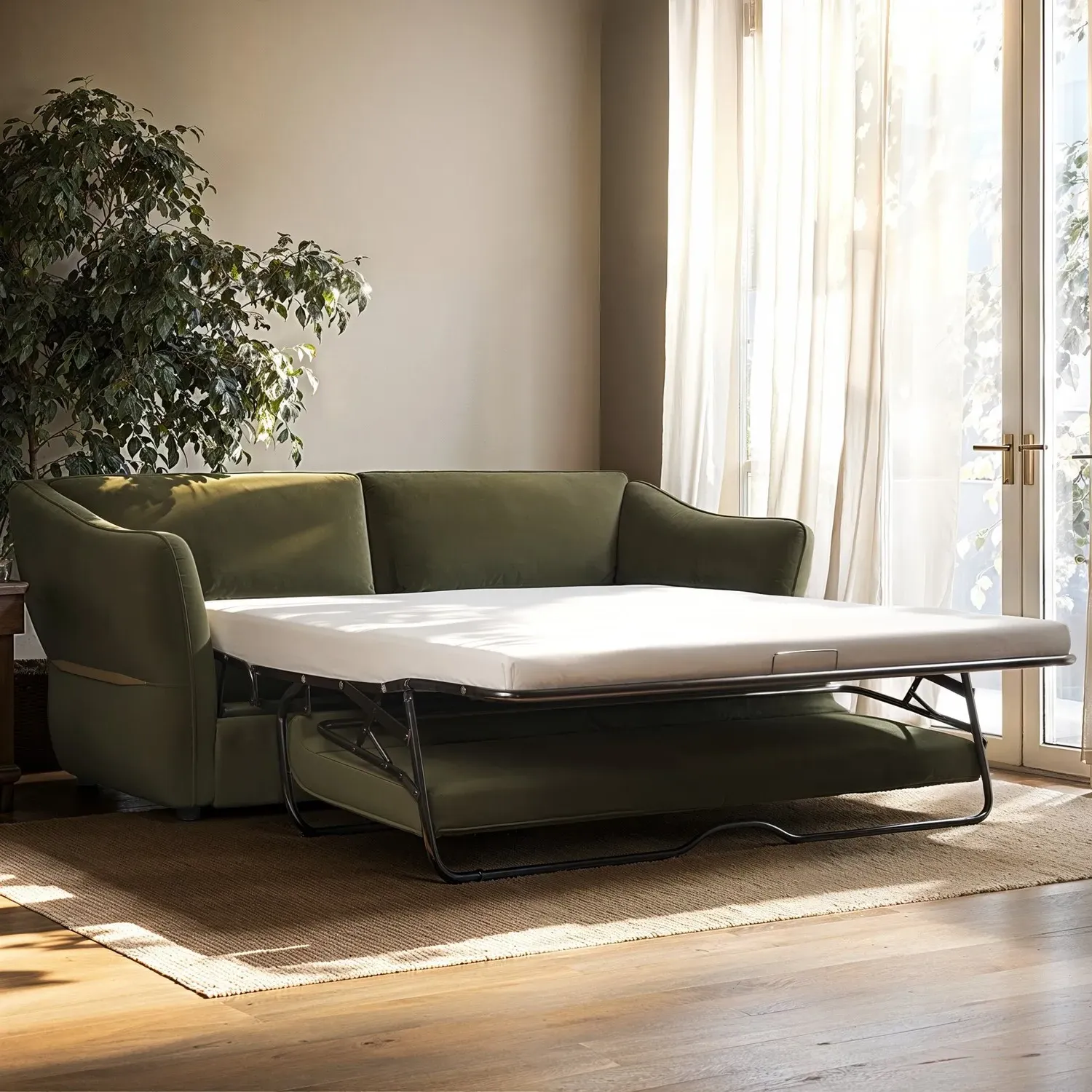 3-Seater Sofa Bed with Pull-Out - Green, Velvet