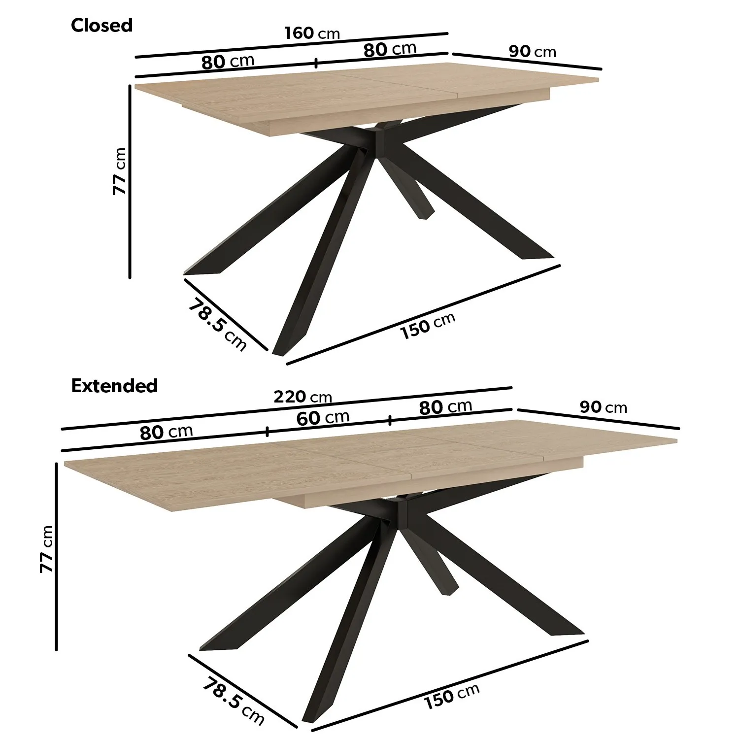 Extendable Dining Set with 6 Chairs - Oak, Metal