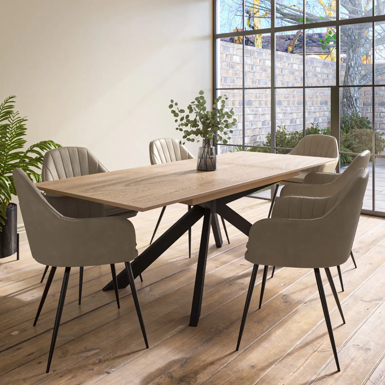 Extendable Dining Set with 6 Chairs - Oak, Metal