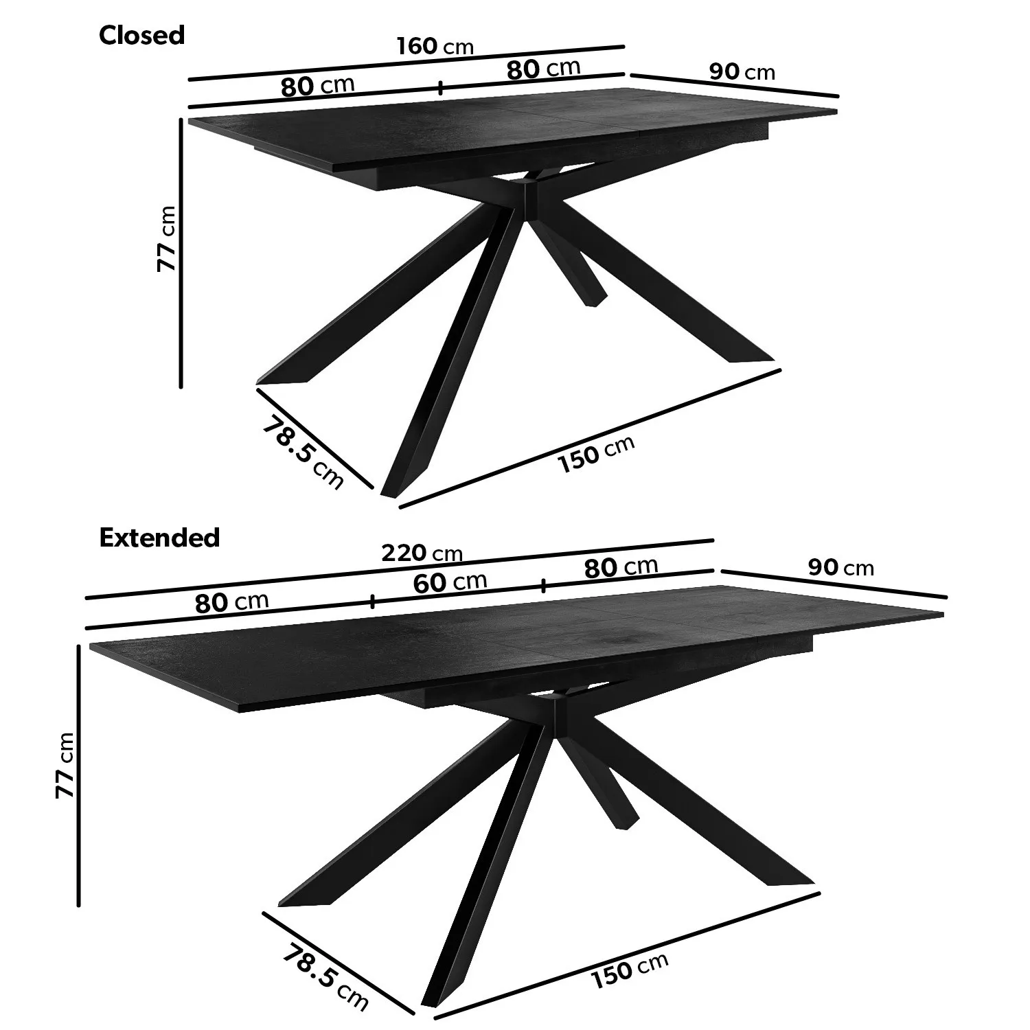 Extendable Dining Set with 6 Swivel Chairs - Black