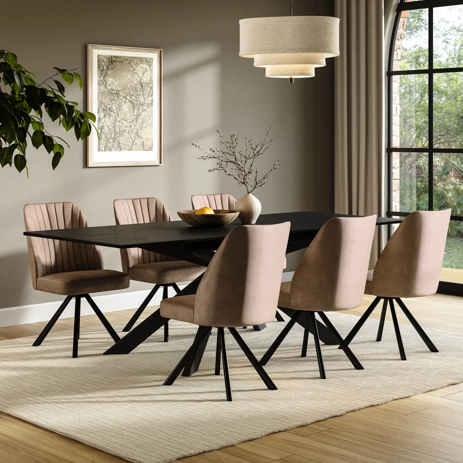 Extendable Dining Set with 6 Swivel Chairs - Black image