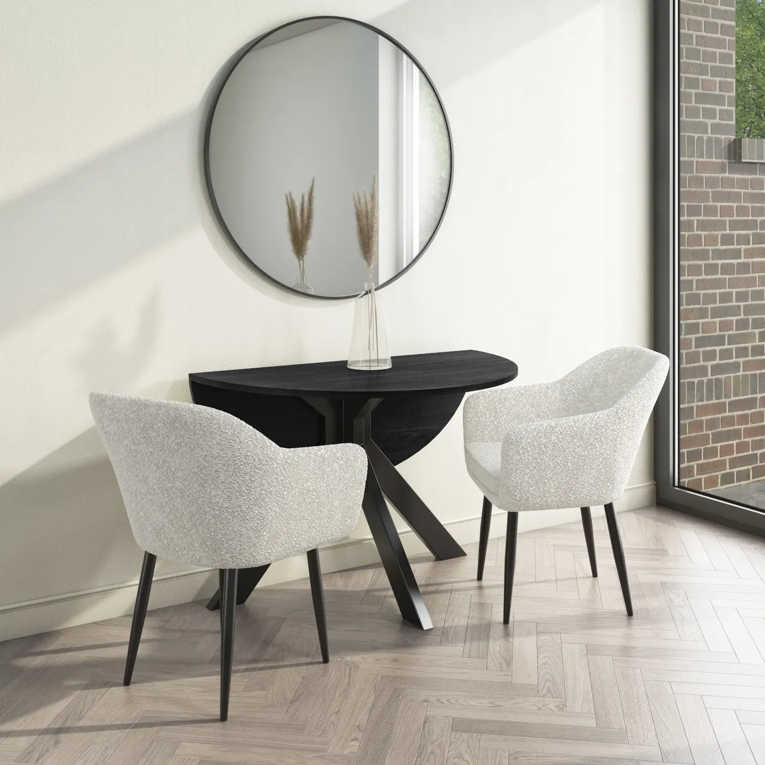 Round Drop Leaf Dining Set - Black Oak, Boucle