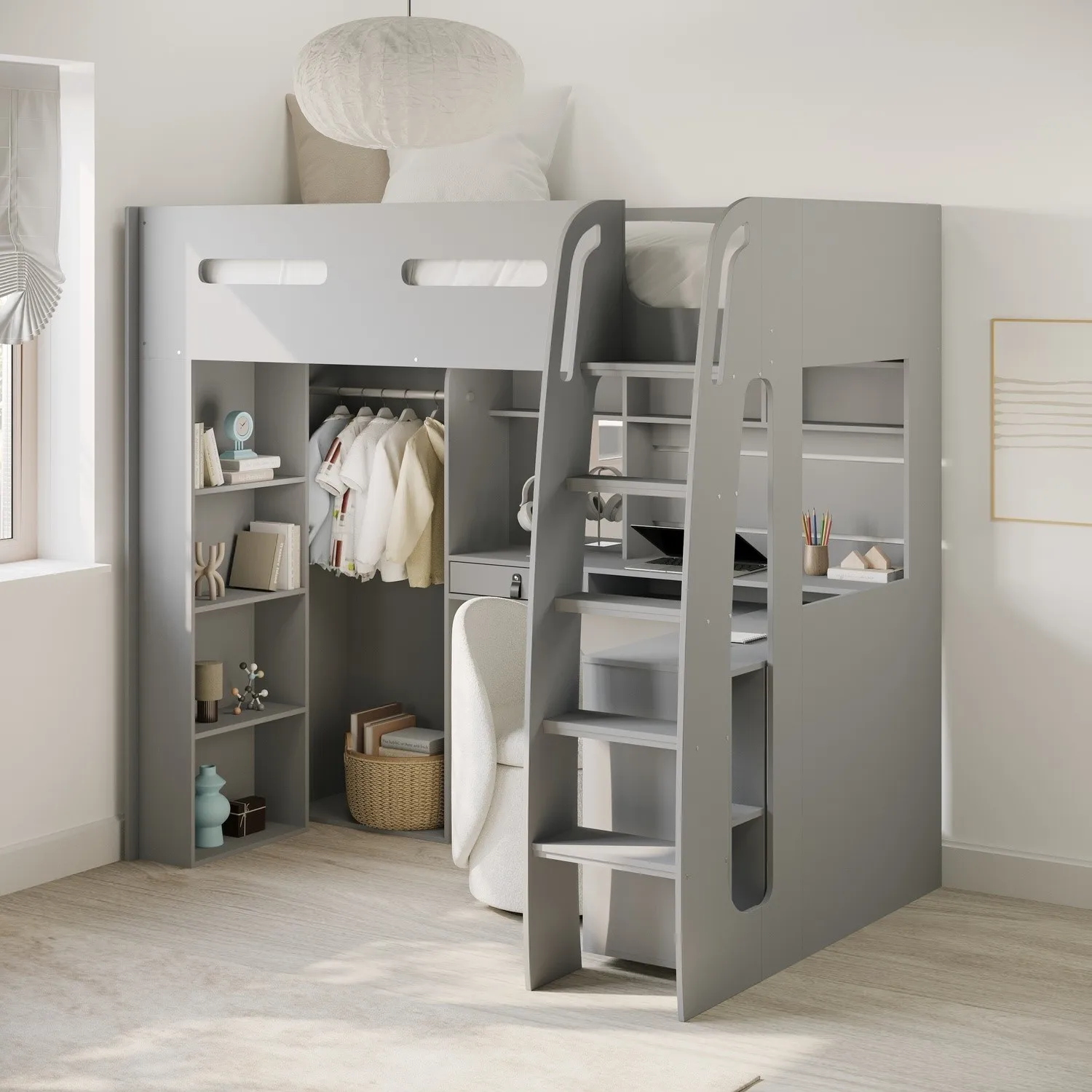 High Sleeper Loft Bed with Desk & Wardrobe - Grey