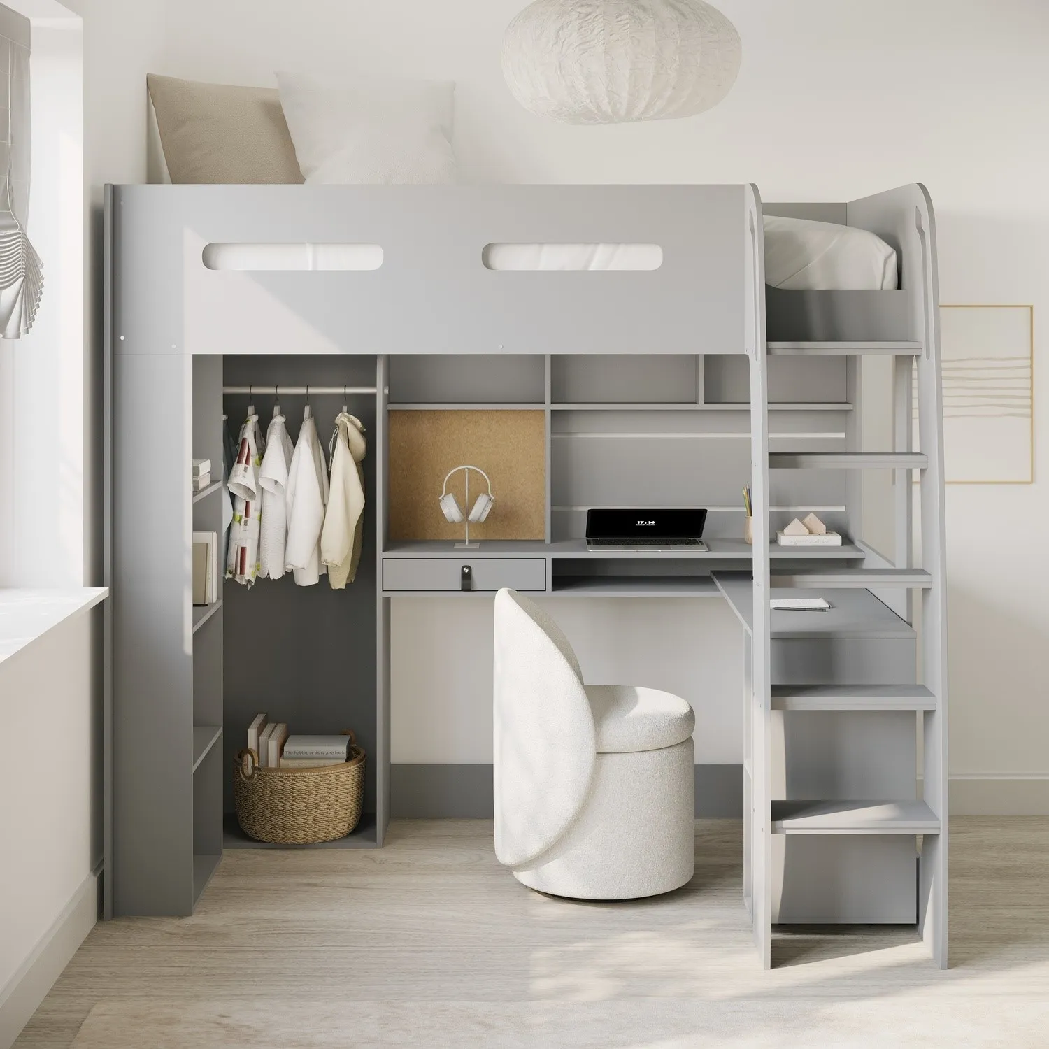 High Sleeper Loft Bed with Desk & Wardrobe - Grey