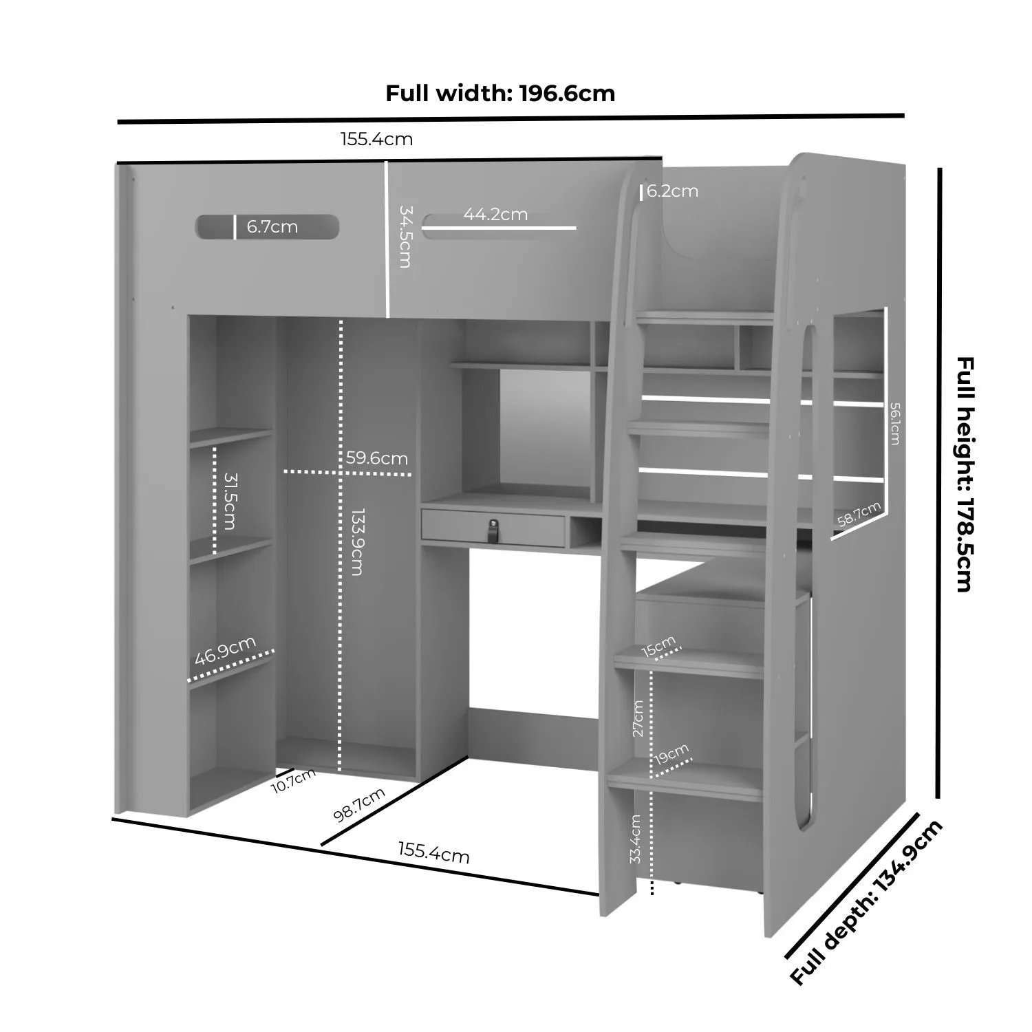 High Sleeper Loft Bed with Desk & Wardrobe - Grey