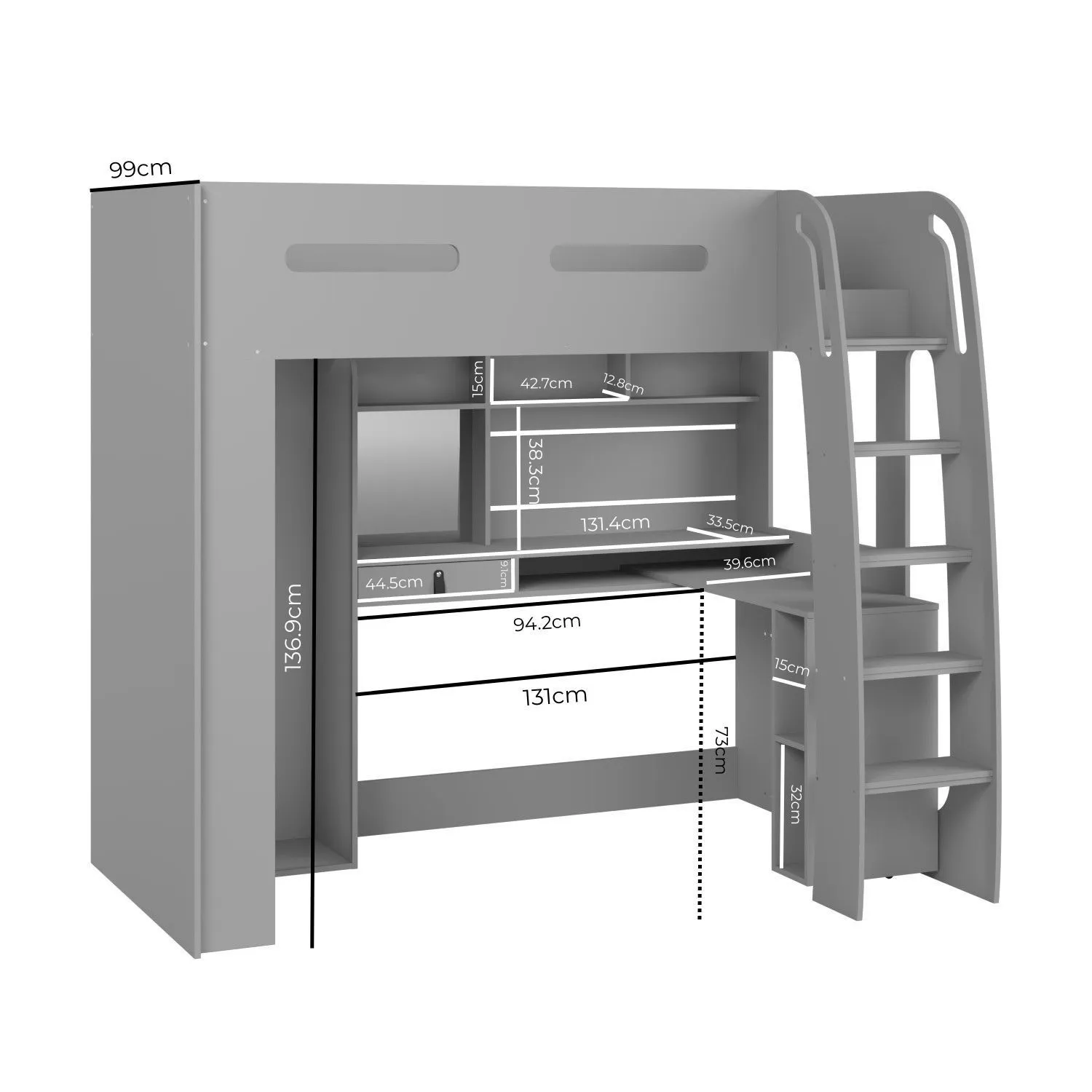 High Sleeper Loft Bed with Desk & Wardrobe - Grey
