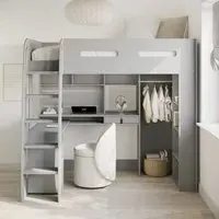 High Sleeper Loft Bed with Desk & Wardrobe - Grey