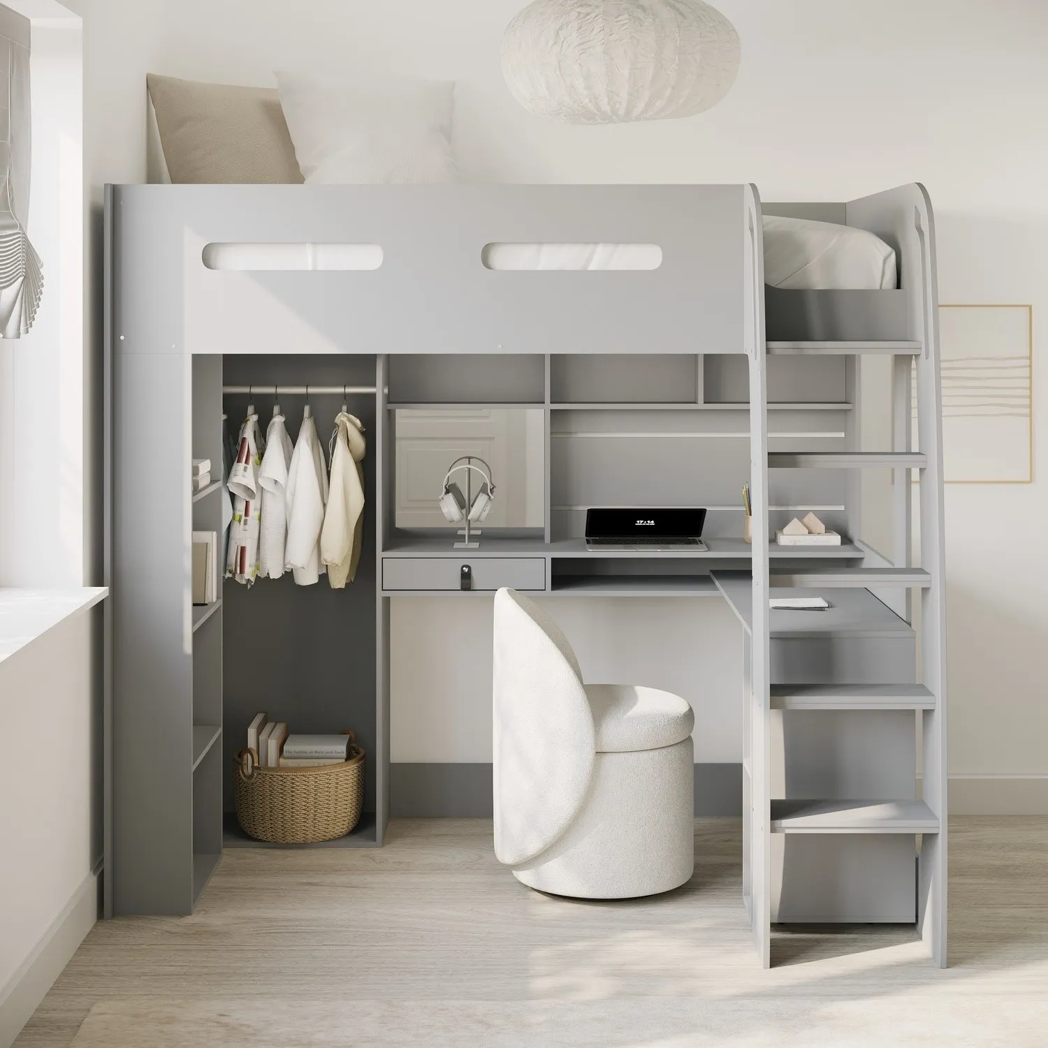 High Sleeper Loft Bed with Desk & Wardrobe - Grey image