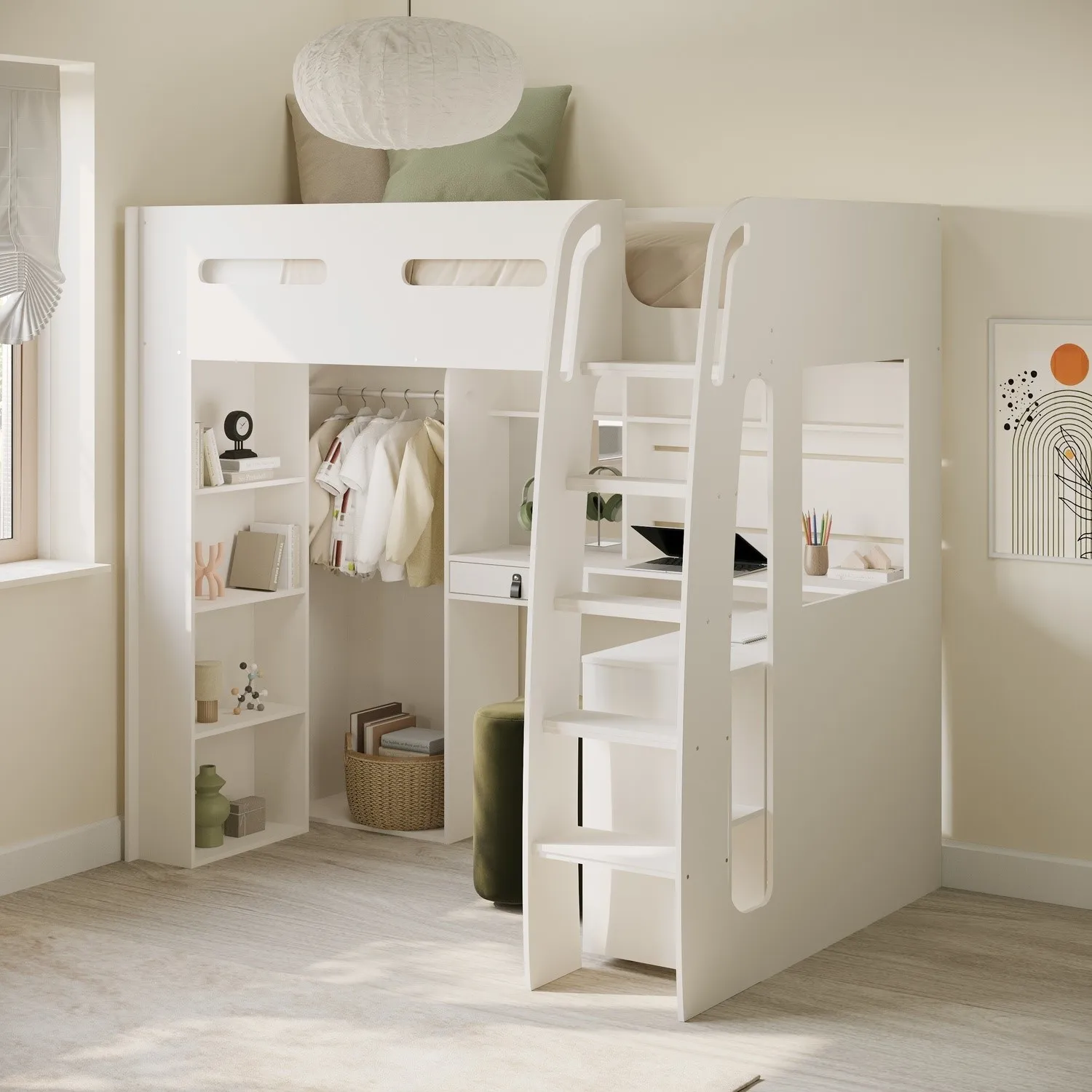 High Sleeper Loft Bed with Desk & Wardrobe - White