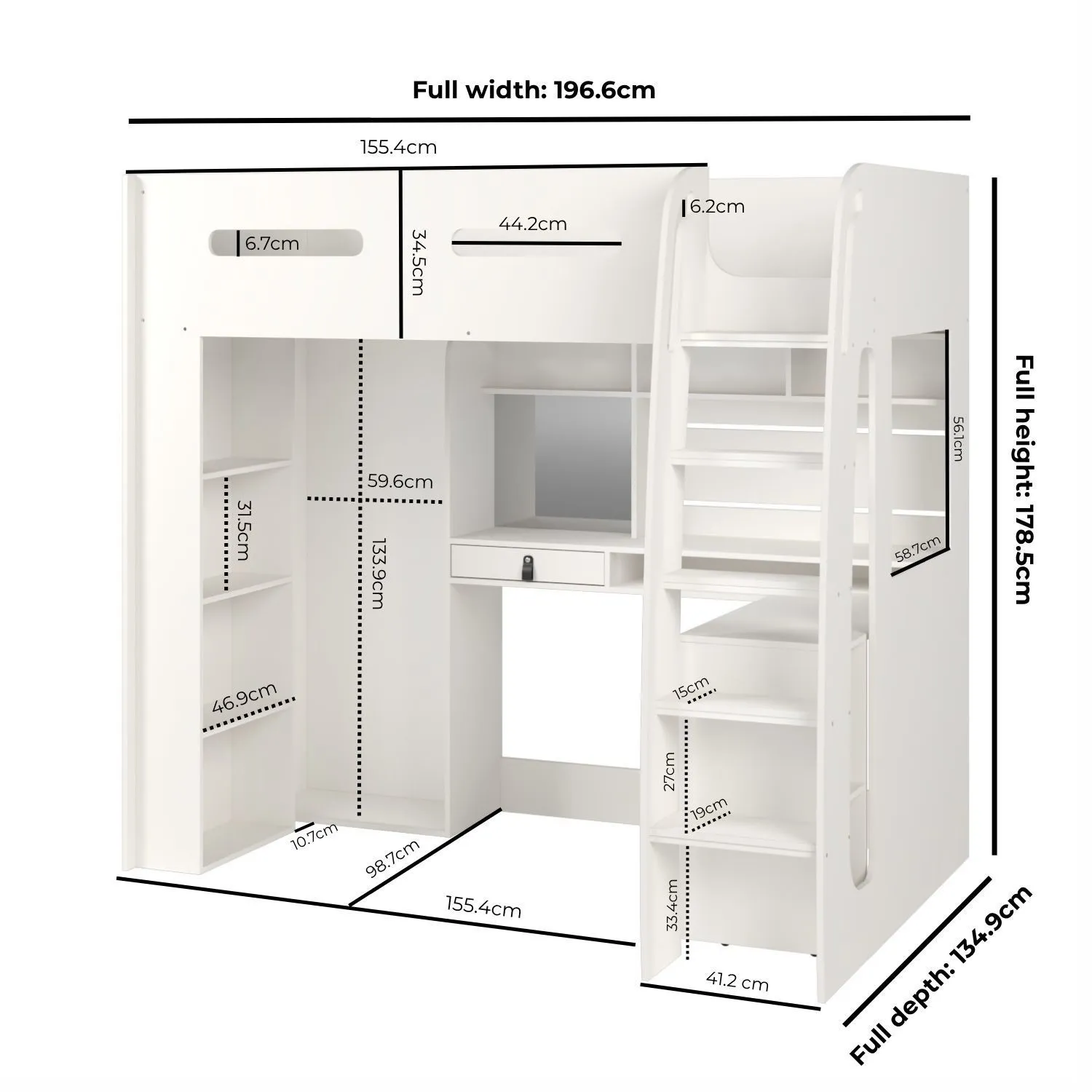 High Sleeper Loft Bed with Desk & Wardrobe - White