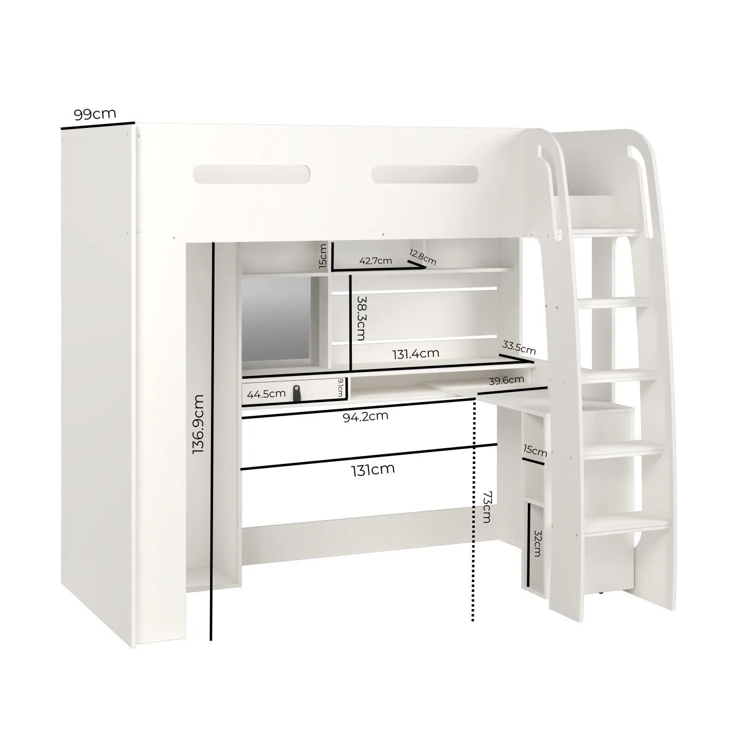 High Sleeper Loft Bed with Desk & Wardrobe - White