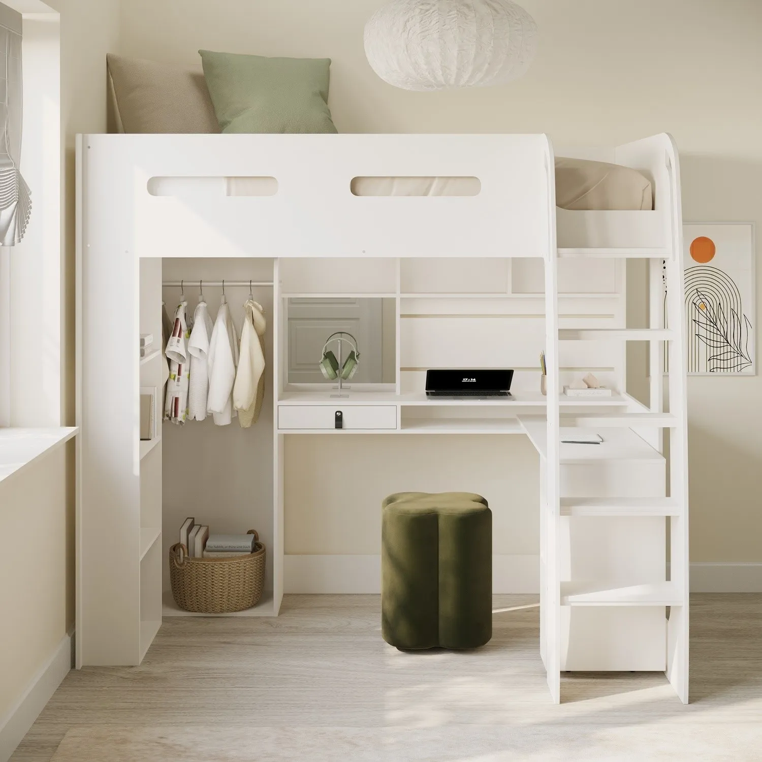 High Sleeper Loft Bed with Desk & Wardrobe - White