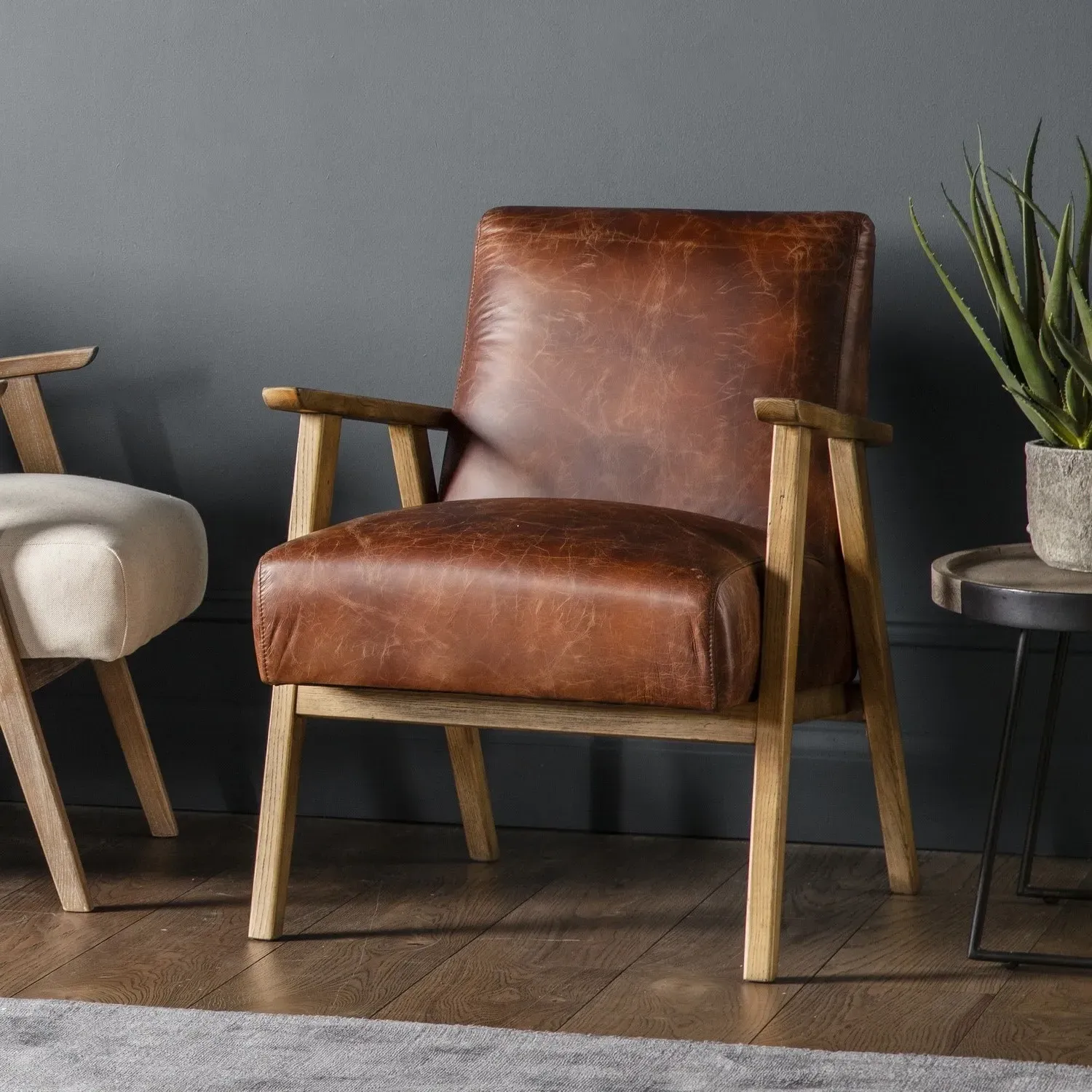 Accent Chair with Wooden Arms - Brown, Leather image