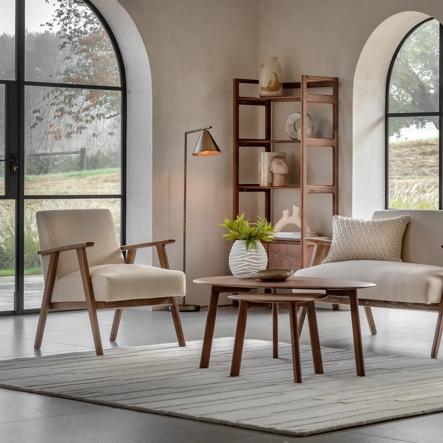 Armchair with Wooden Arms - Beige, Linen