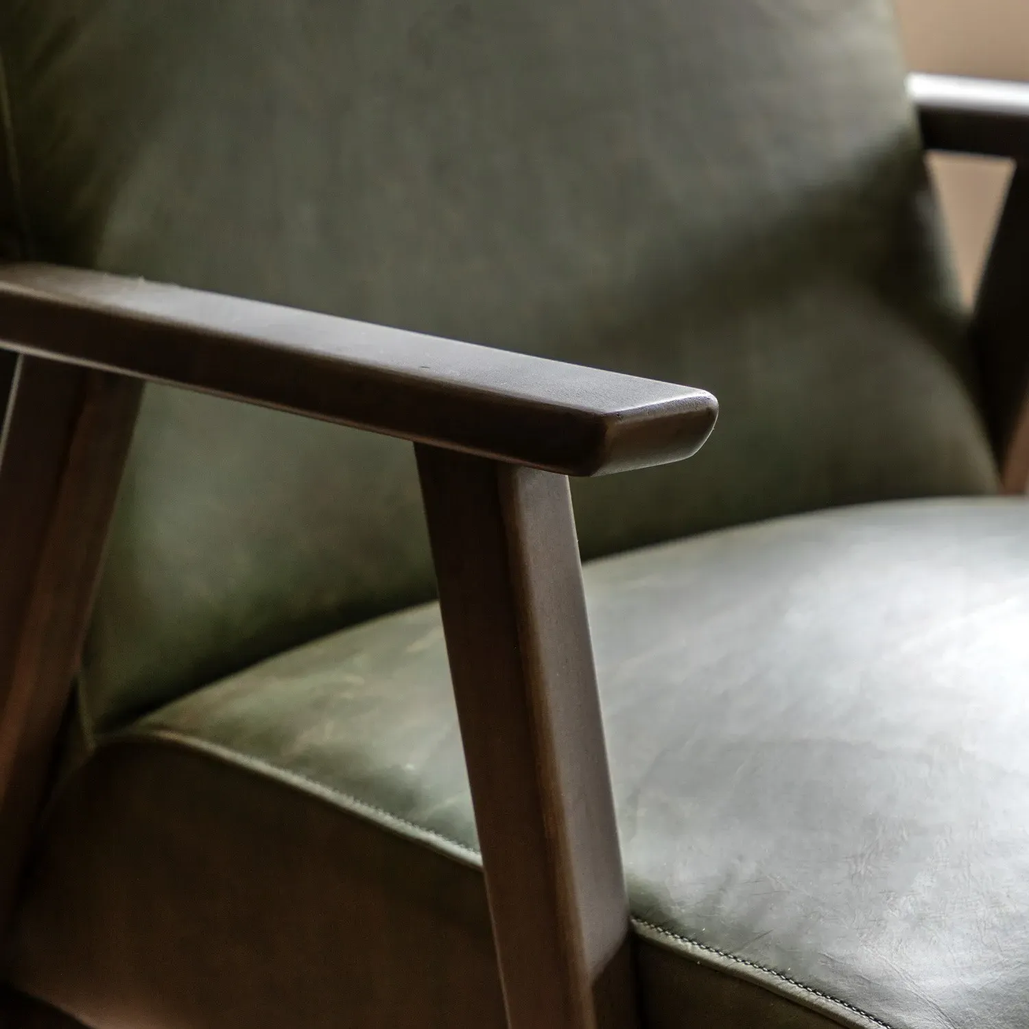 Curved Armchair with Wood Frame - Green, Leather