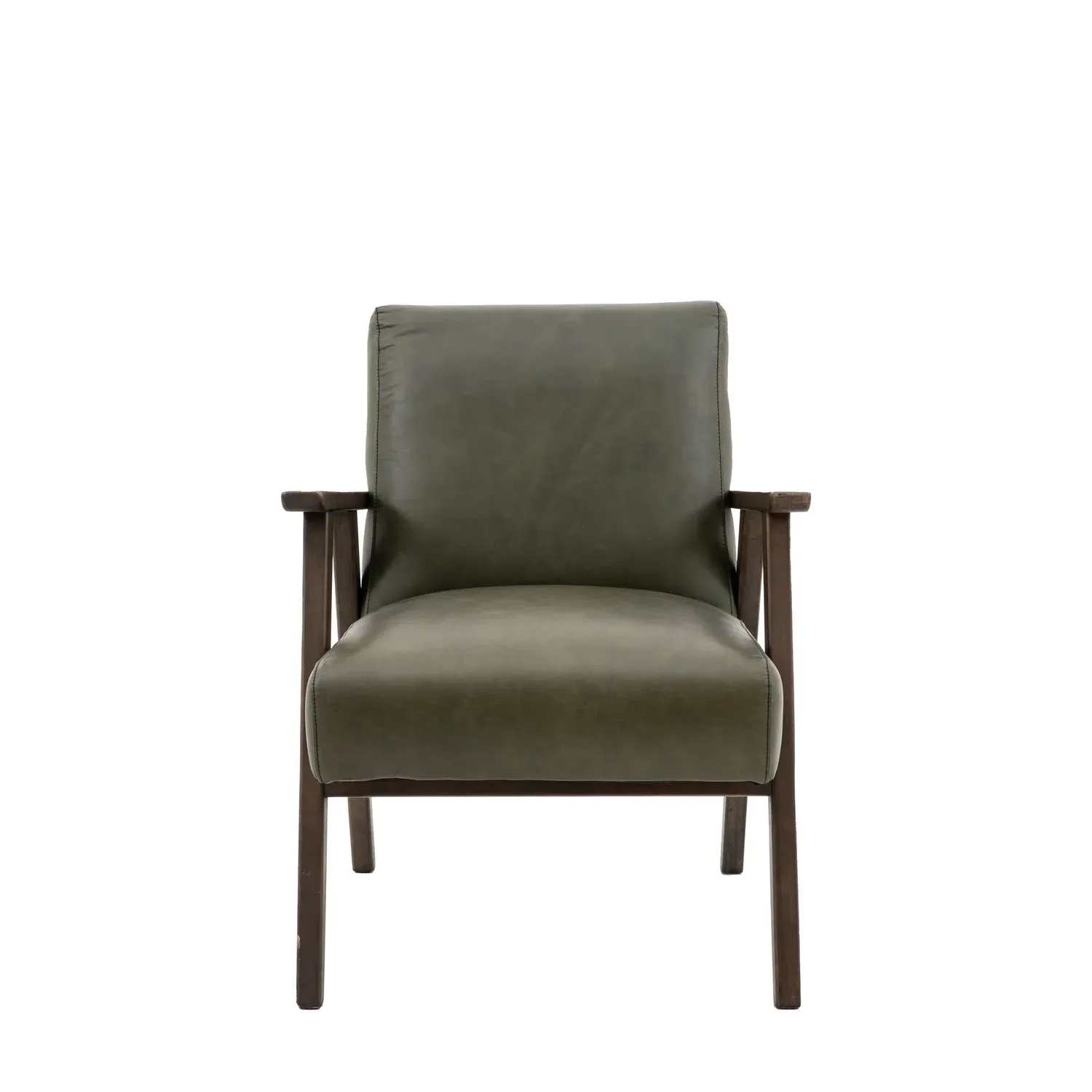 Curved Armchair with Wood Frame - Green, Leather