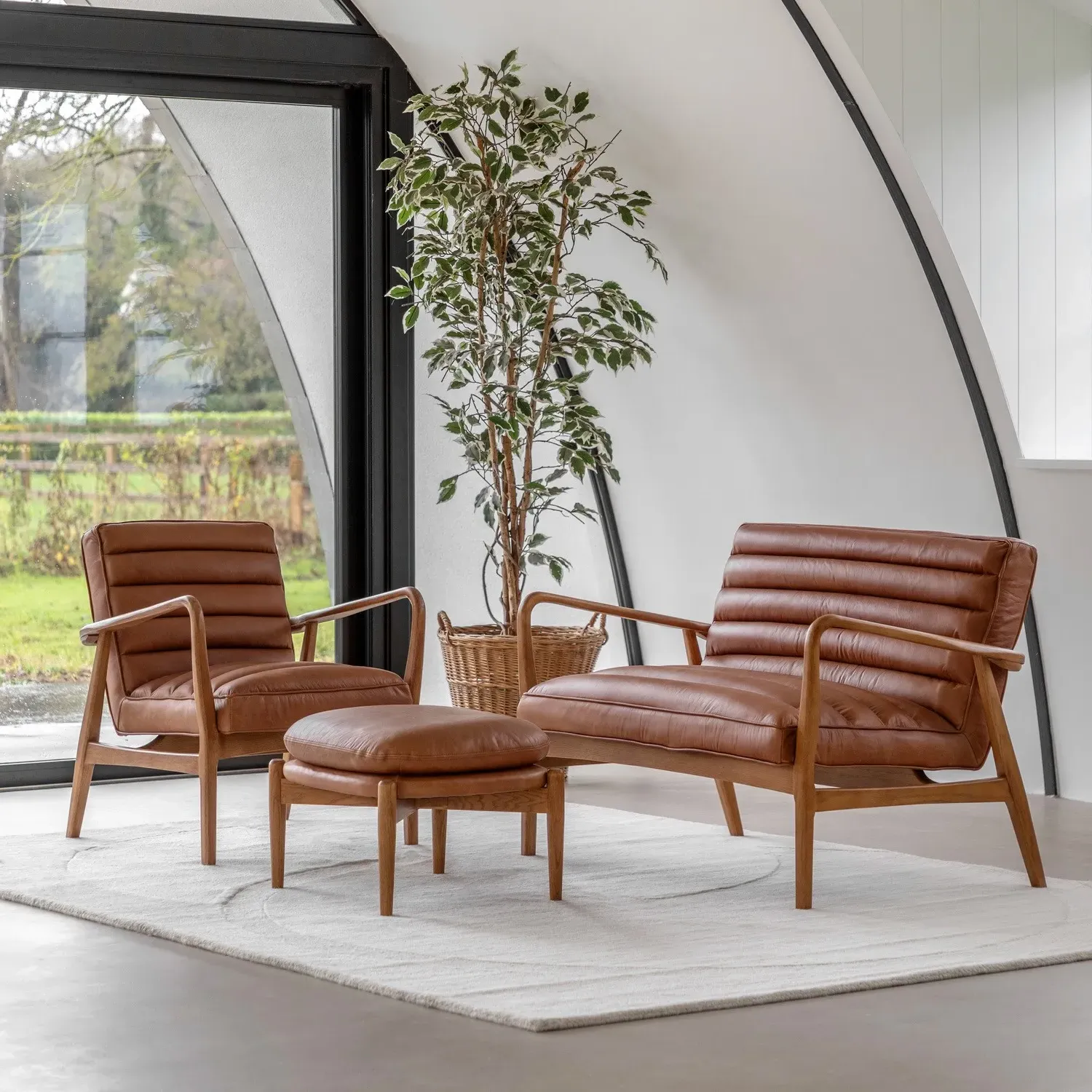 Curved Armchair with Wooden Base - Brown, Leather