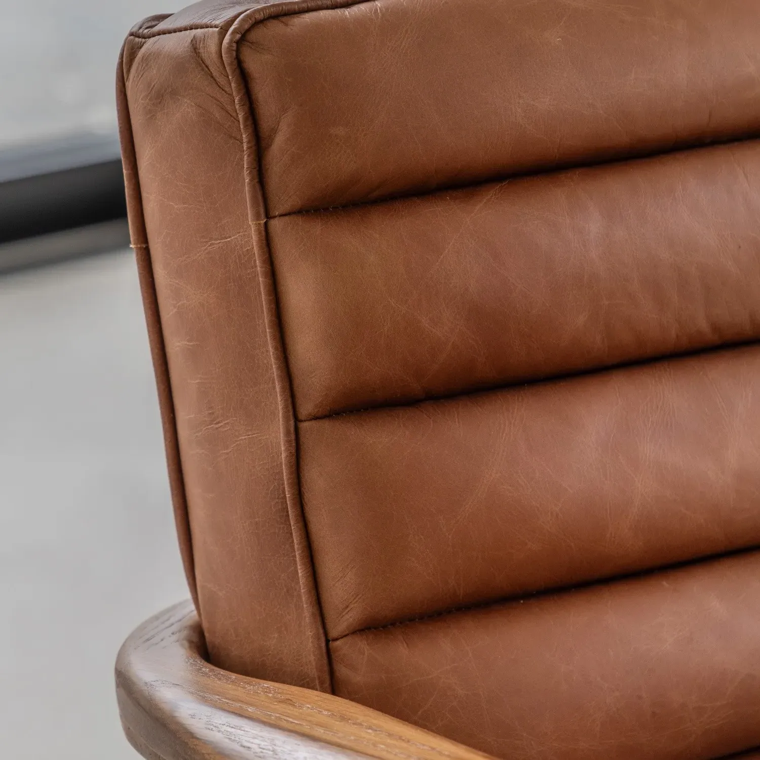 Curved Armchair with Wooden Base - Brown, Leather