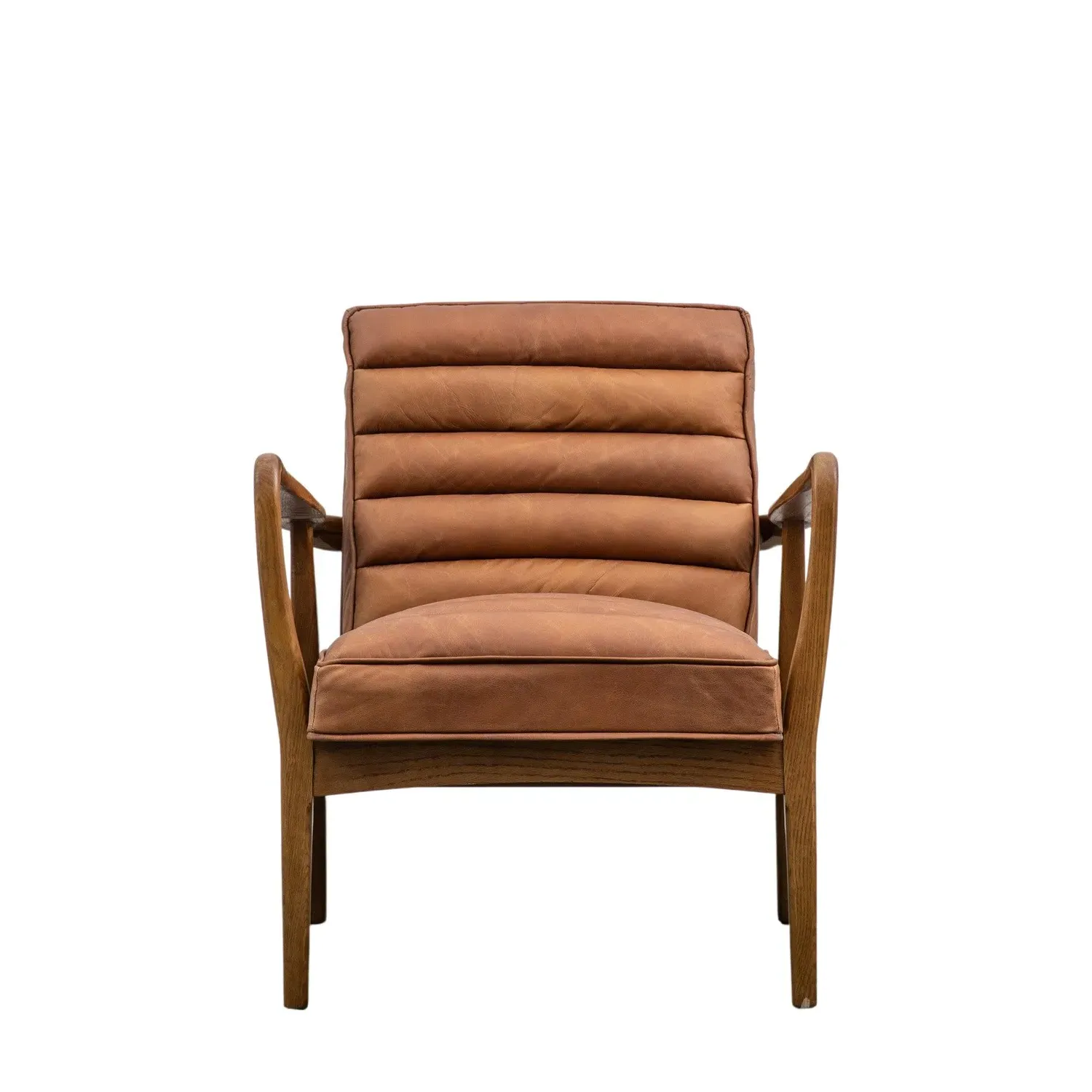Curved Armchair with Wooden Base - Brown, Leather
