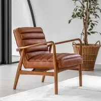 Curved Armchair with Wooden Base - Brown, Leather