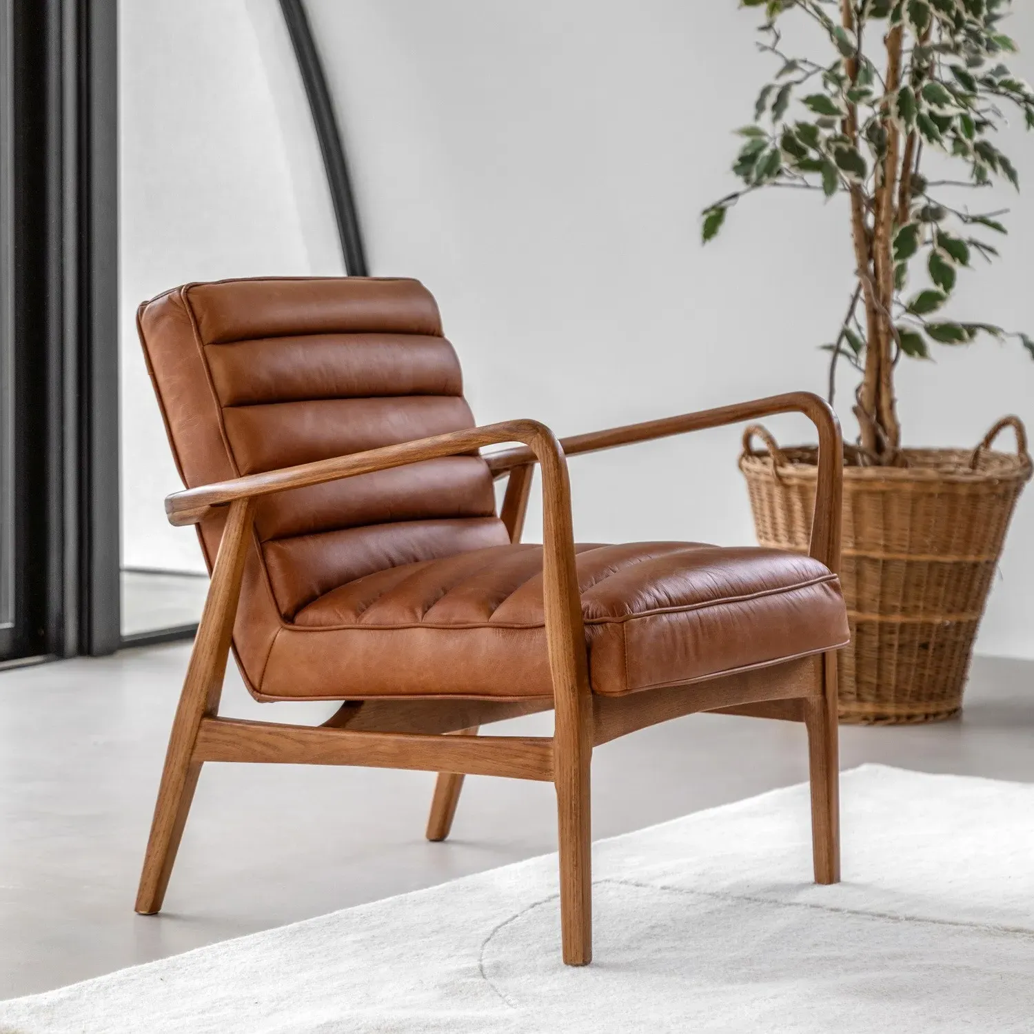 Curved Armchair with Wooden Base - Brown, Leather image