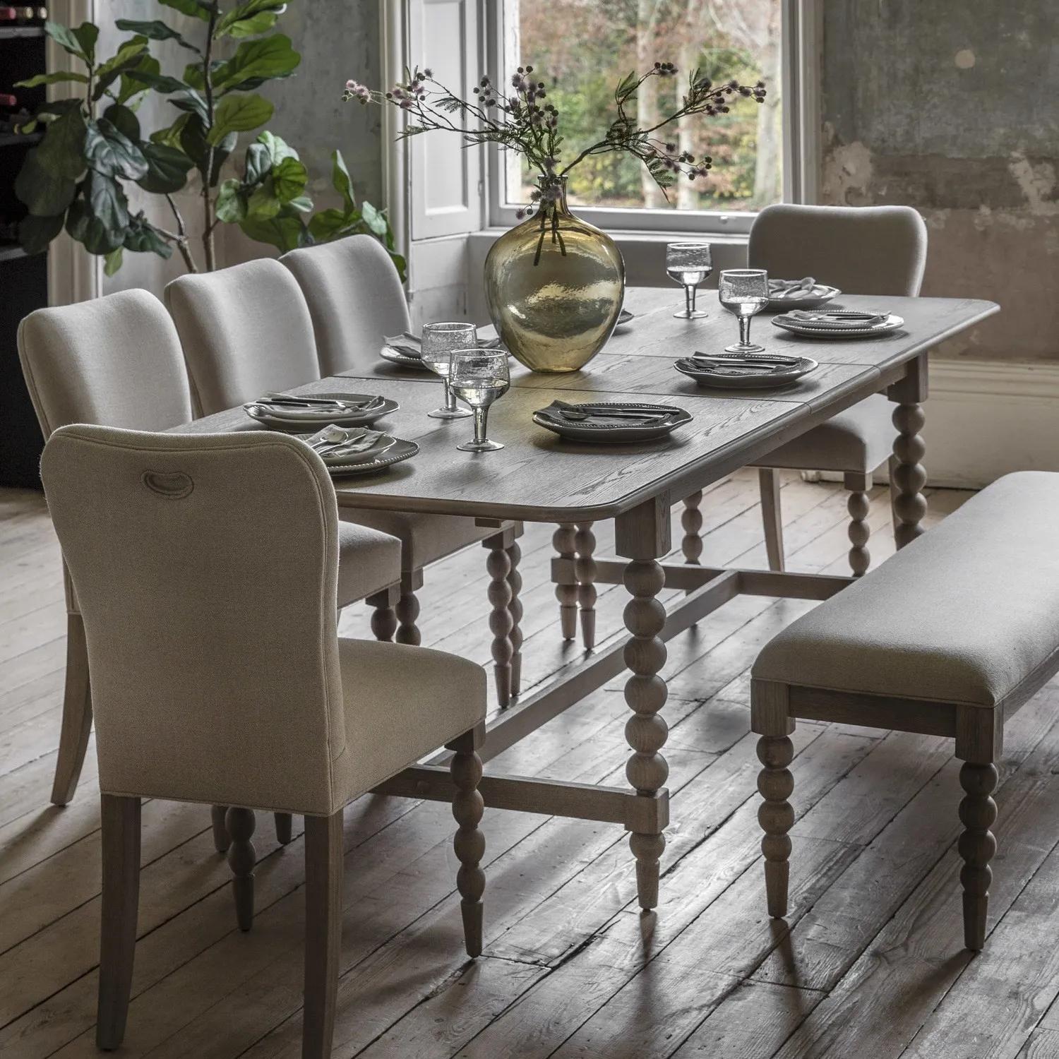 Extendable Dining Set with 6 Chairs & Bench - Oak image