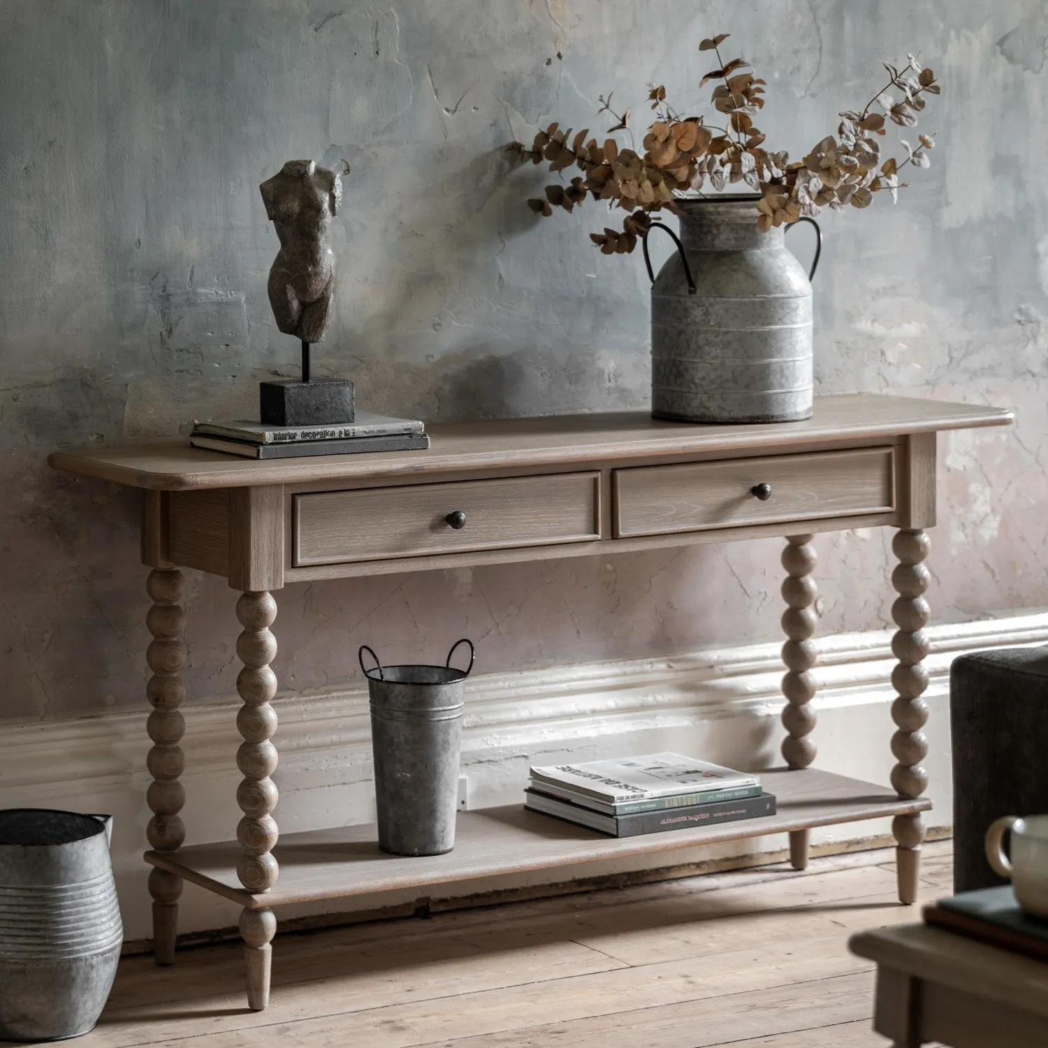 Large Console Table with 2 Drawers - Brown, Oak image
