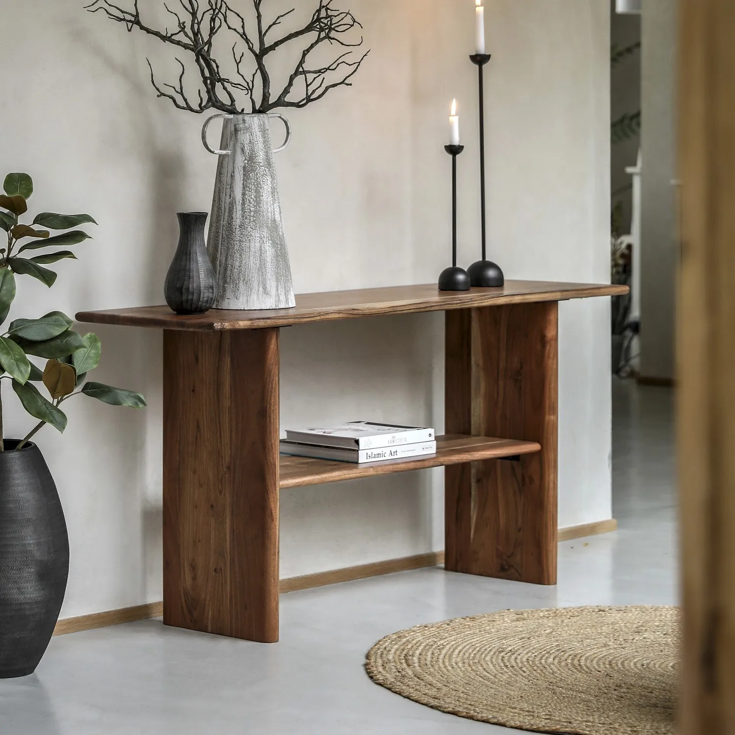Large Console Table with Shelf - Brown, Acacia