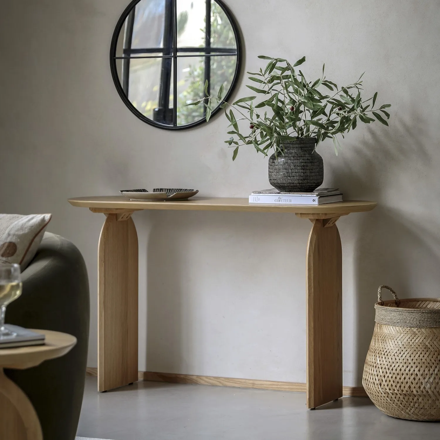 Large Curved Console Table - Brown, Oak Veneer