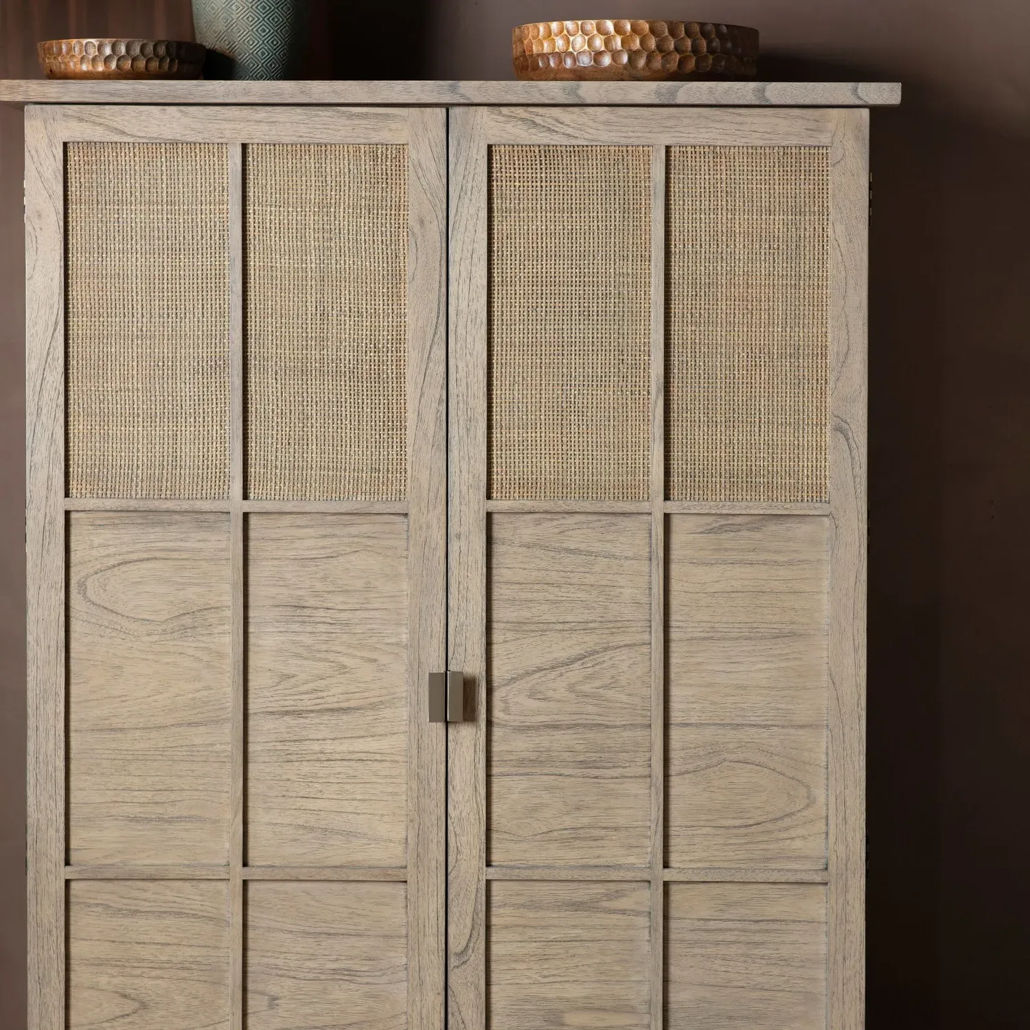 Large Display Cabinet with Rattan Detail - Brown, Oak