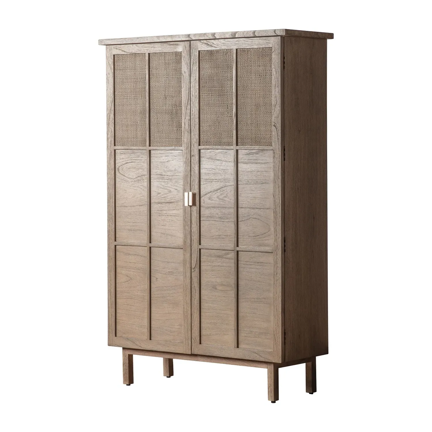 Large Display Cabinet with Rattan Detail - Brown, Oak