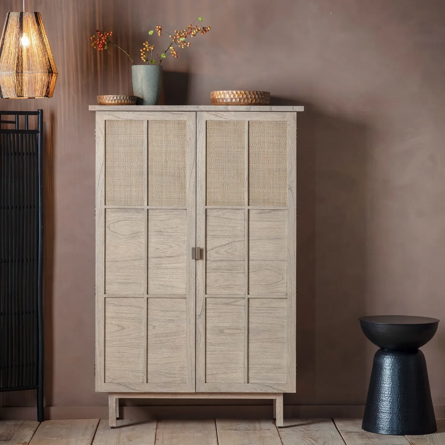 Large Display Cabinet with Rattan Detail - Brown, Oak