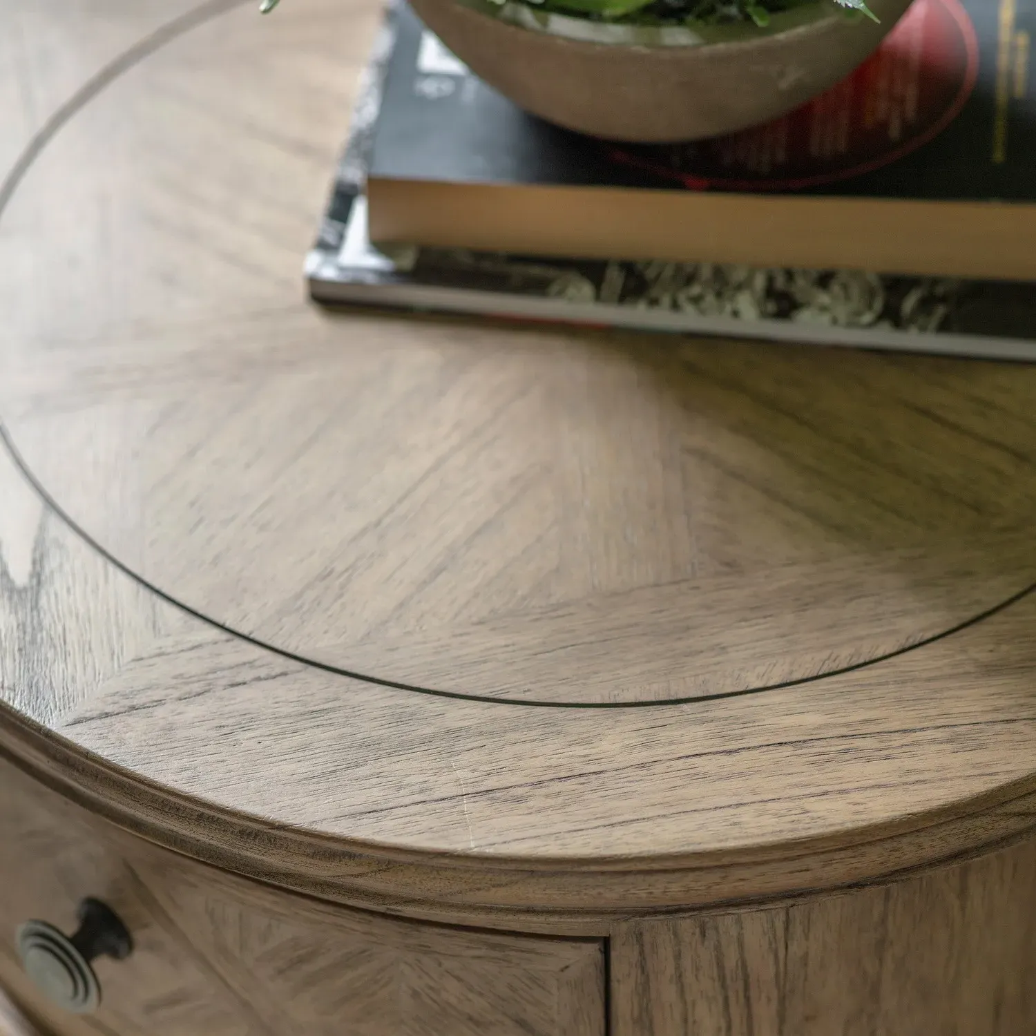 Large Round Side Table with Drawer - Brown, Wood