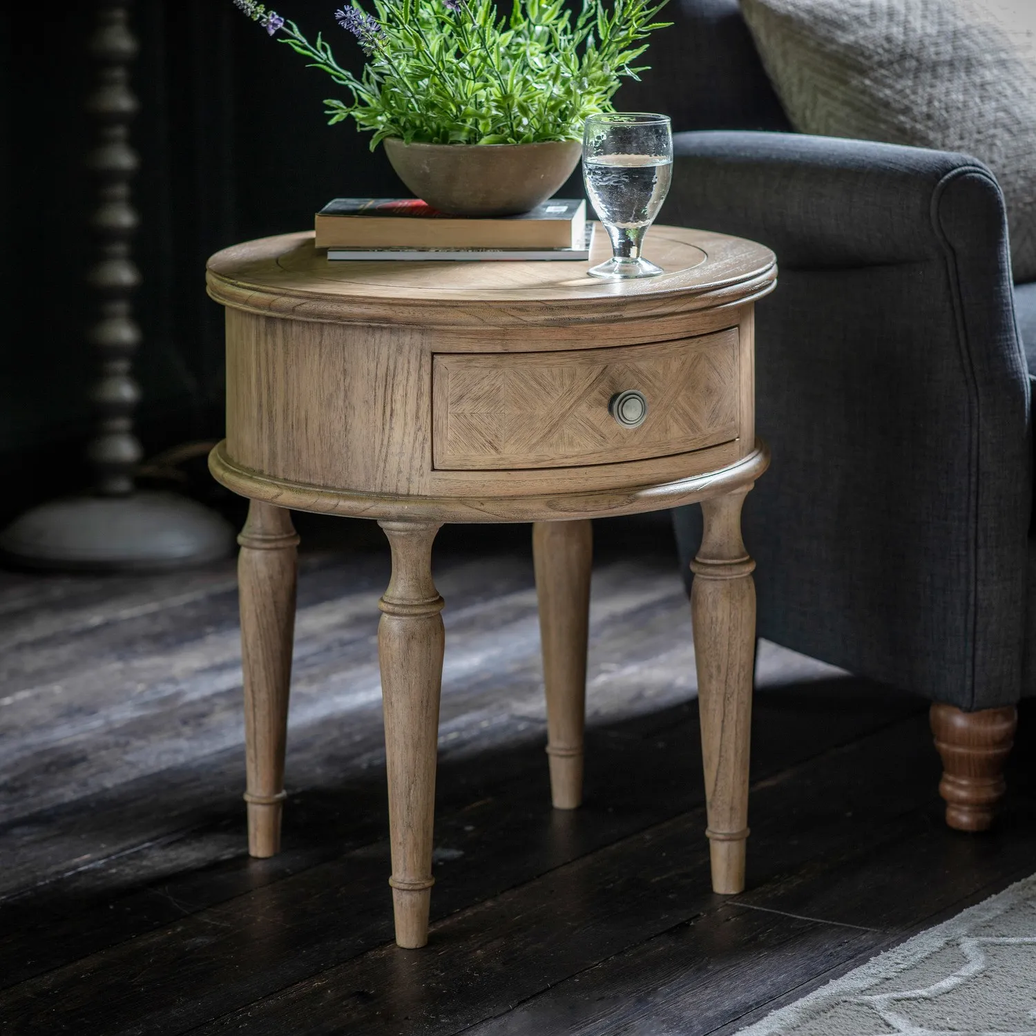 Large Round Side Table with Drawer - Brown, Wood