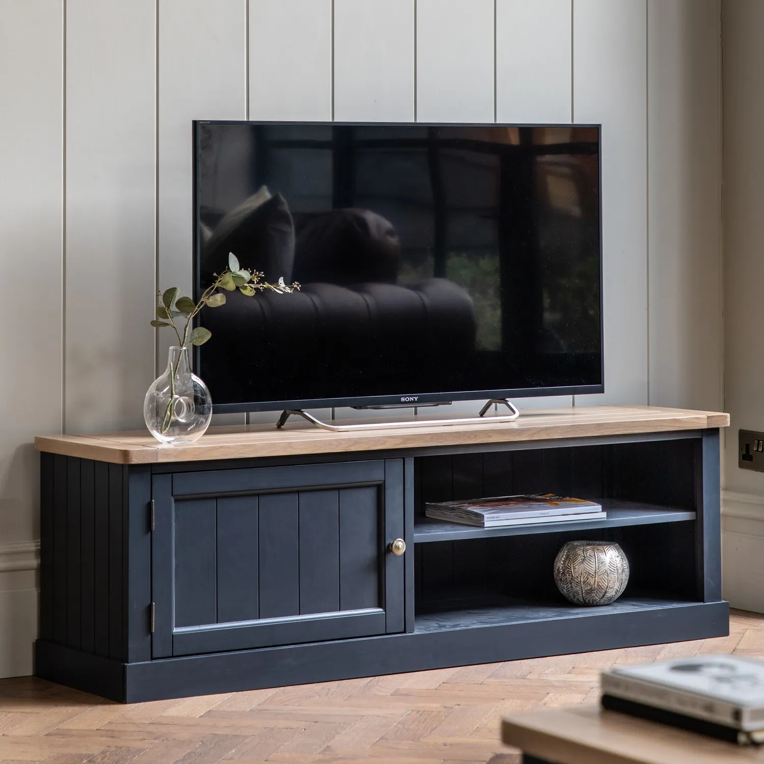 Large TV Stand with Storage - Navy Blue, Oak image