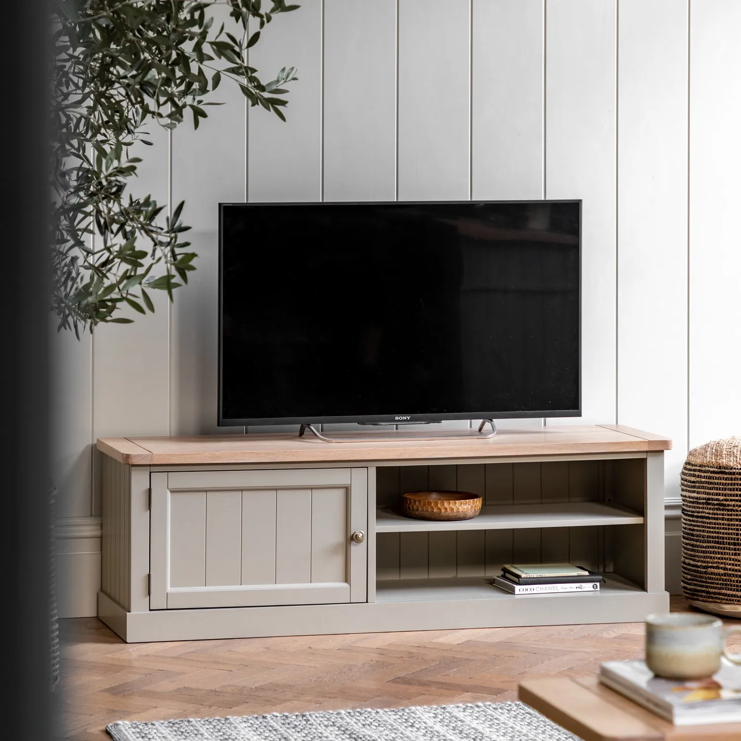 Large TV Stand with Storage - Sage Green, Oak