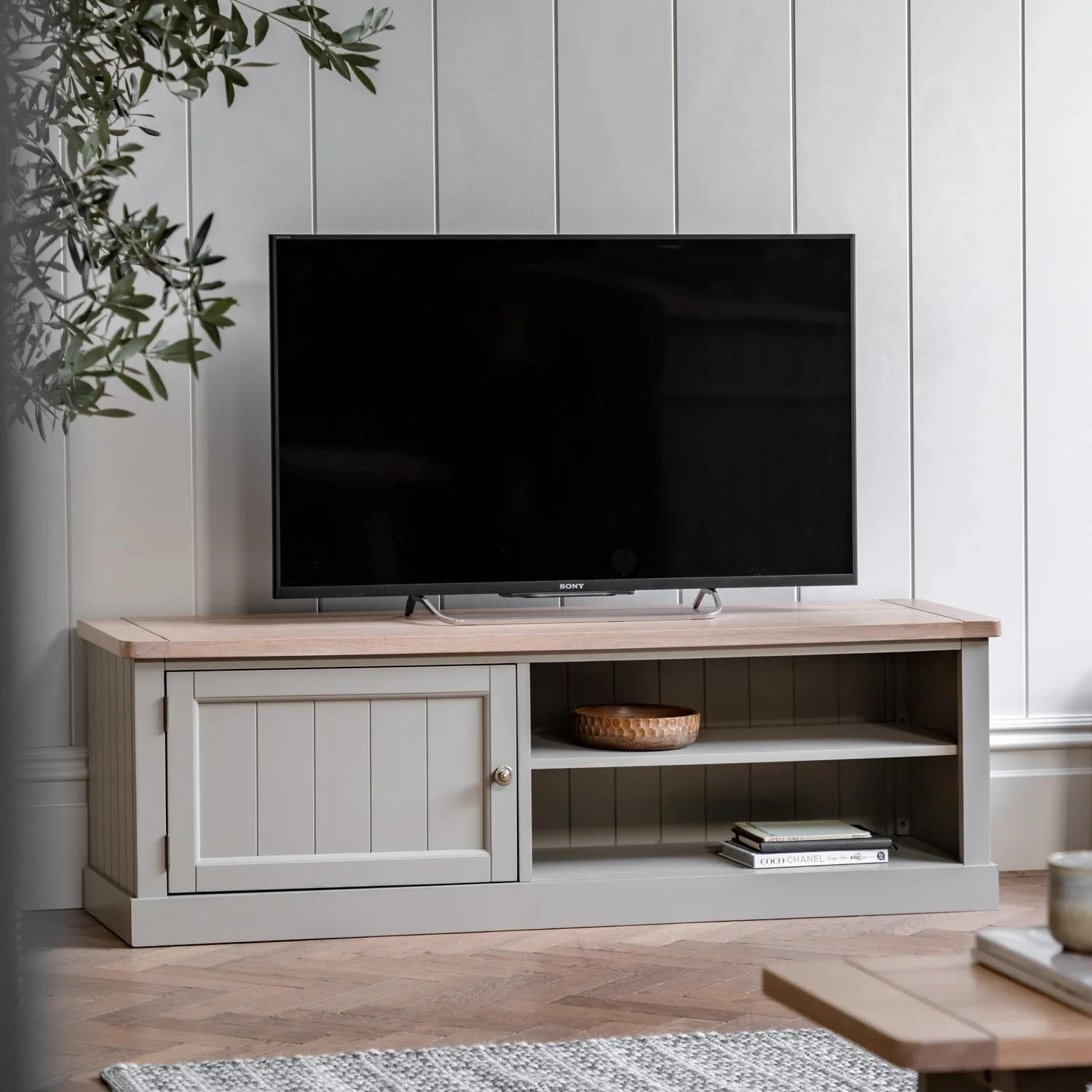Large TV Stand with Storage - Sage Green, Oak