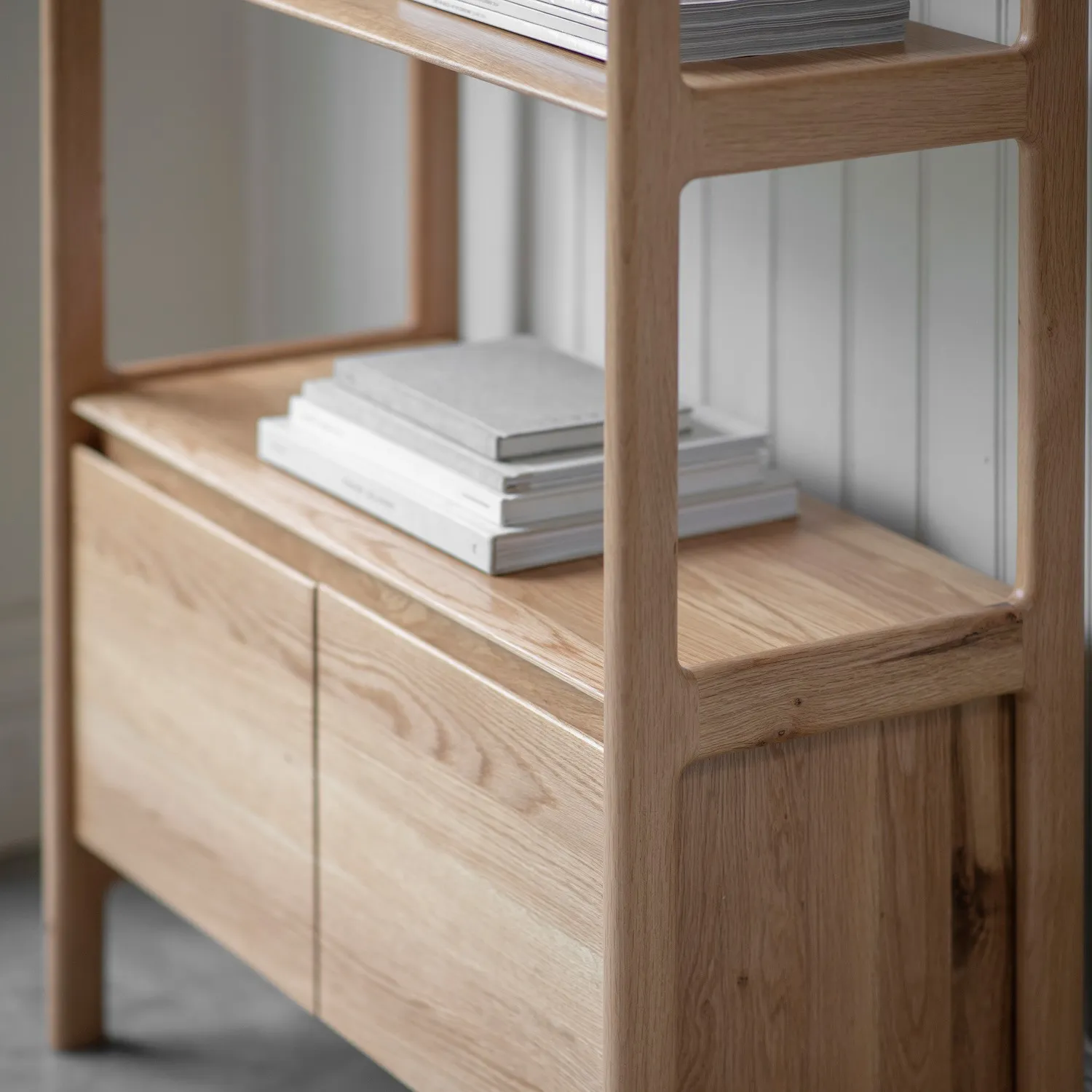 Open Bookcase with Storage - Brown, Solid Oak