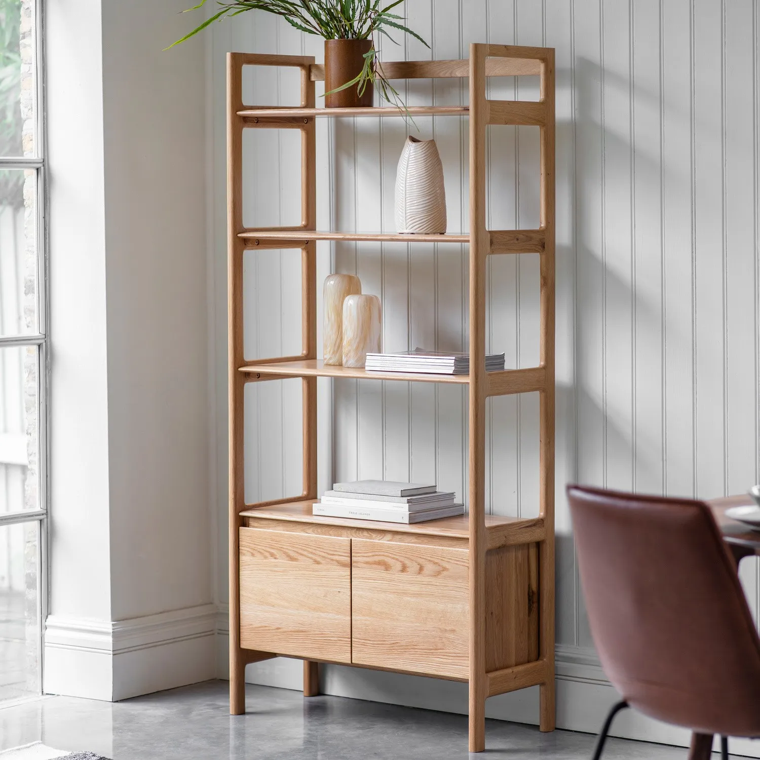 Open Bookcase with Storage - Brown, Solid Oak