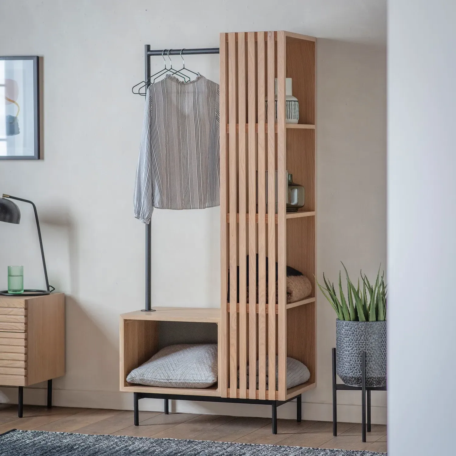 Open Wardrobe with Shelves - Black, Metal Oak image