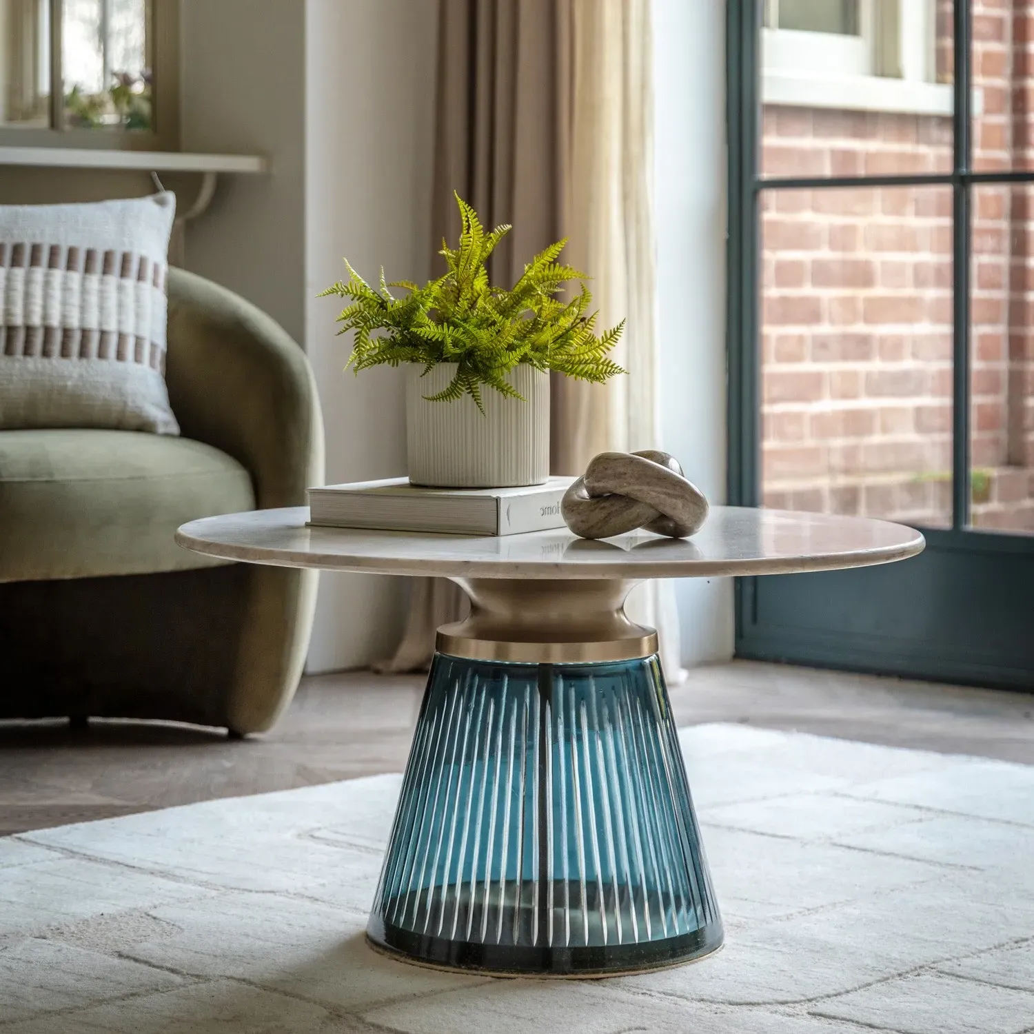 Round Coffee Table Fluted Base - Blue, Marble image
