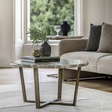 Round Coffee Table Marble Effect - Green, Metal