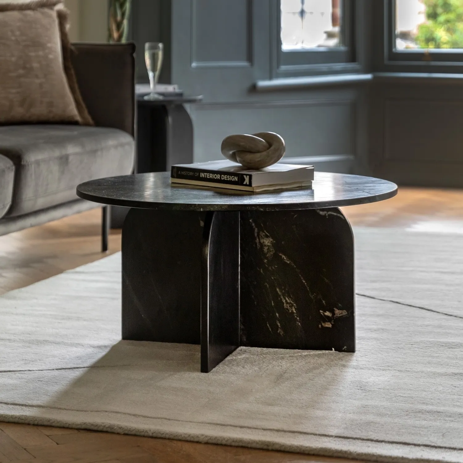 Round Coffee Table Sculptural Base - Black, Marble