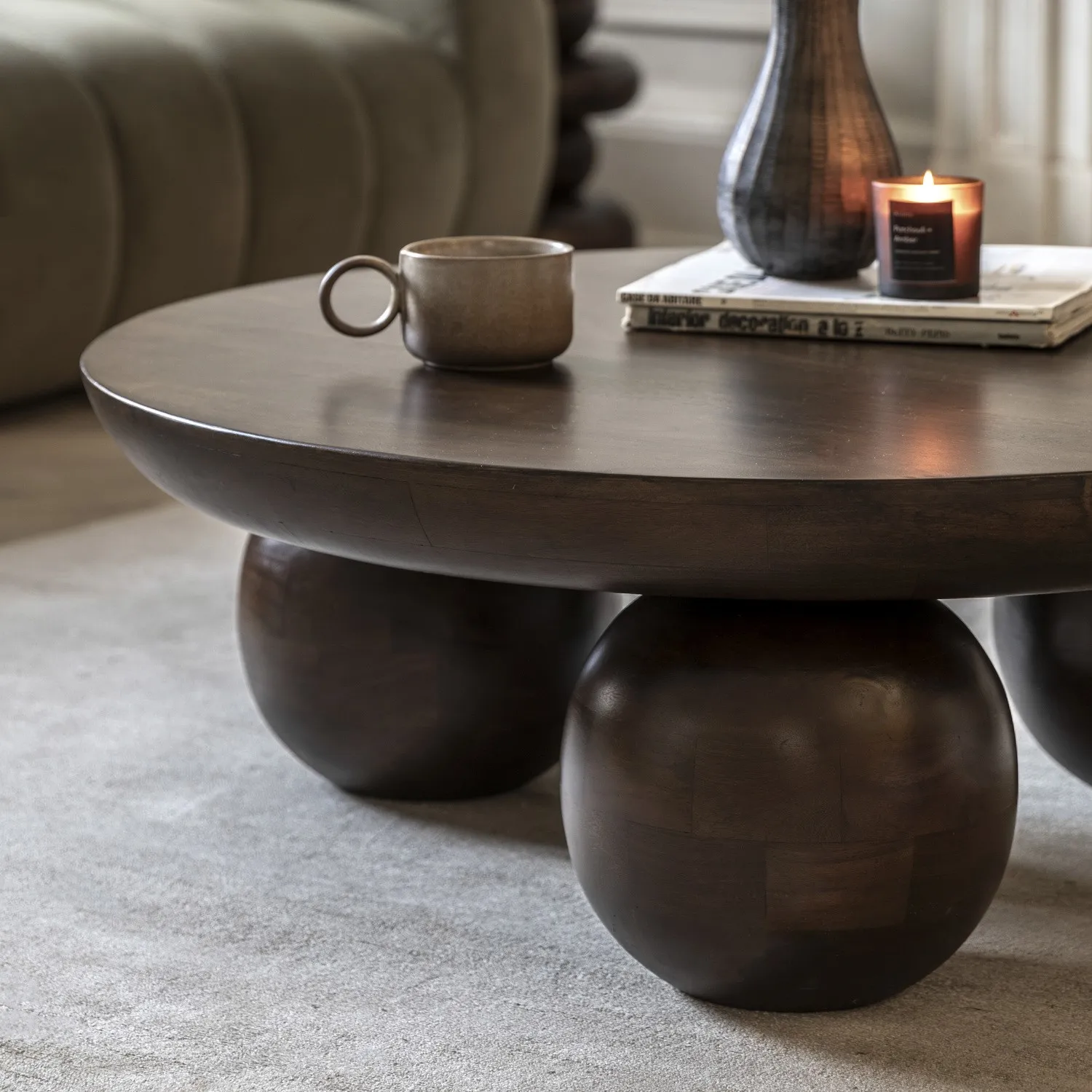 Round Coffee Table with Ball Feet - Brown, Mango Wood
