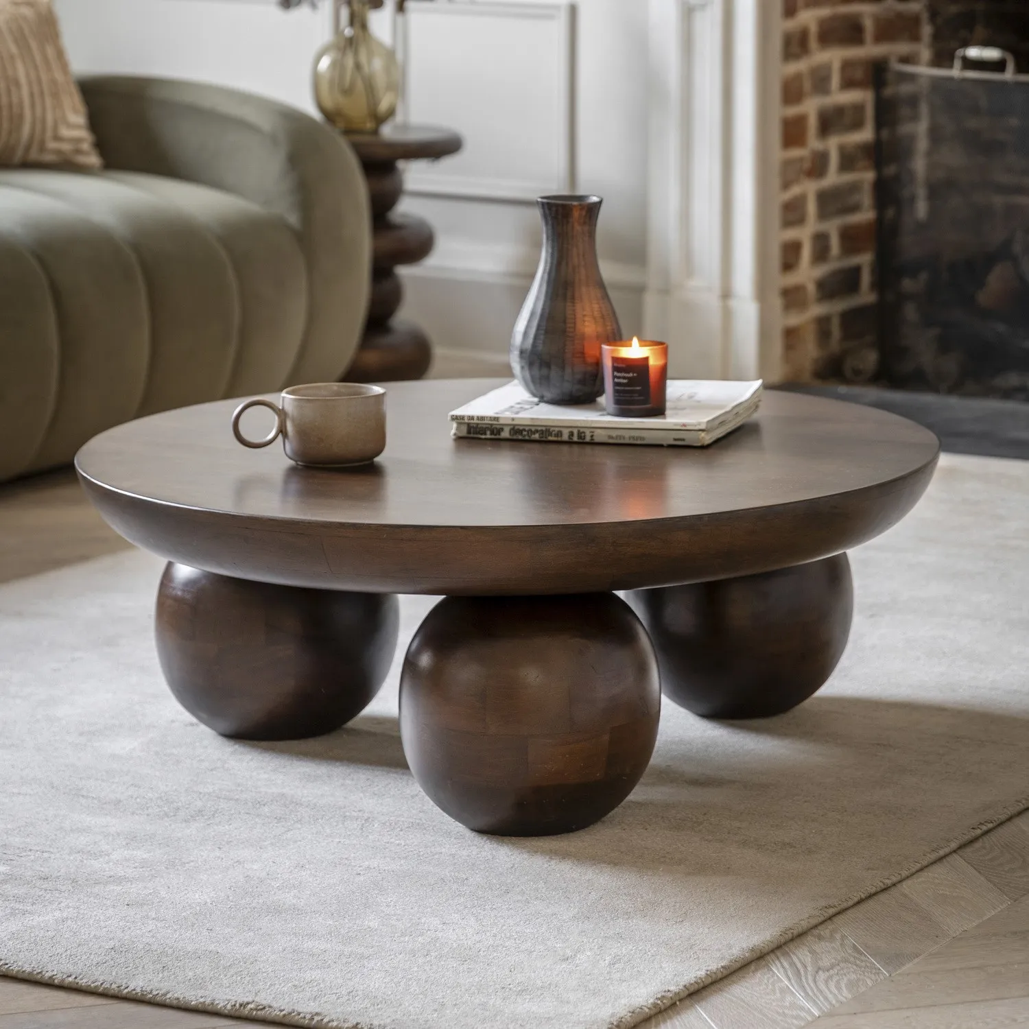 Round Coffee Table with Ball Feet - Brown, Mango Wood image