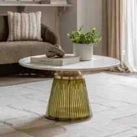 Round Coffee Table with Brass Trim - Green, Marble