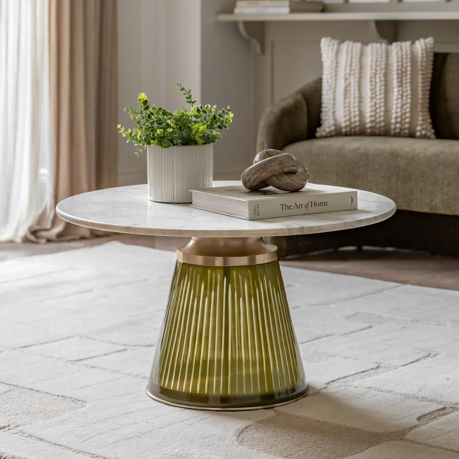 Round Coffee Table with Brass Trim - Green, Marble