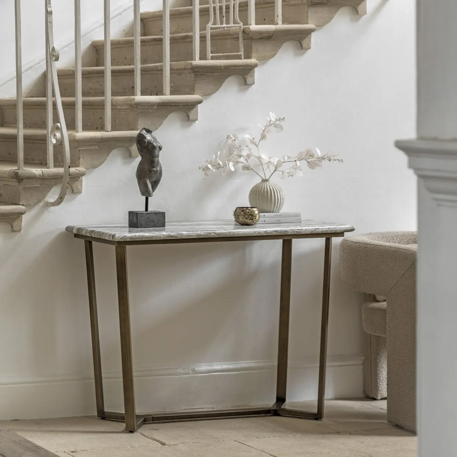 Round Console Table with Brass Legs - Green, Marble