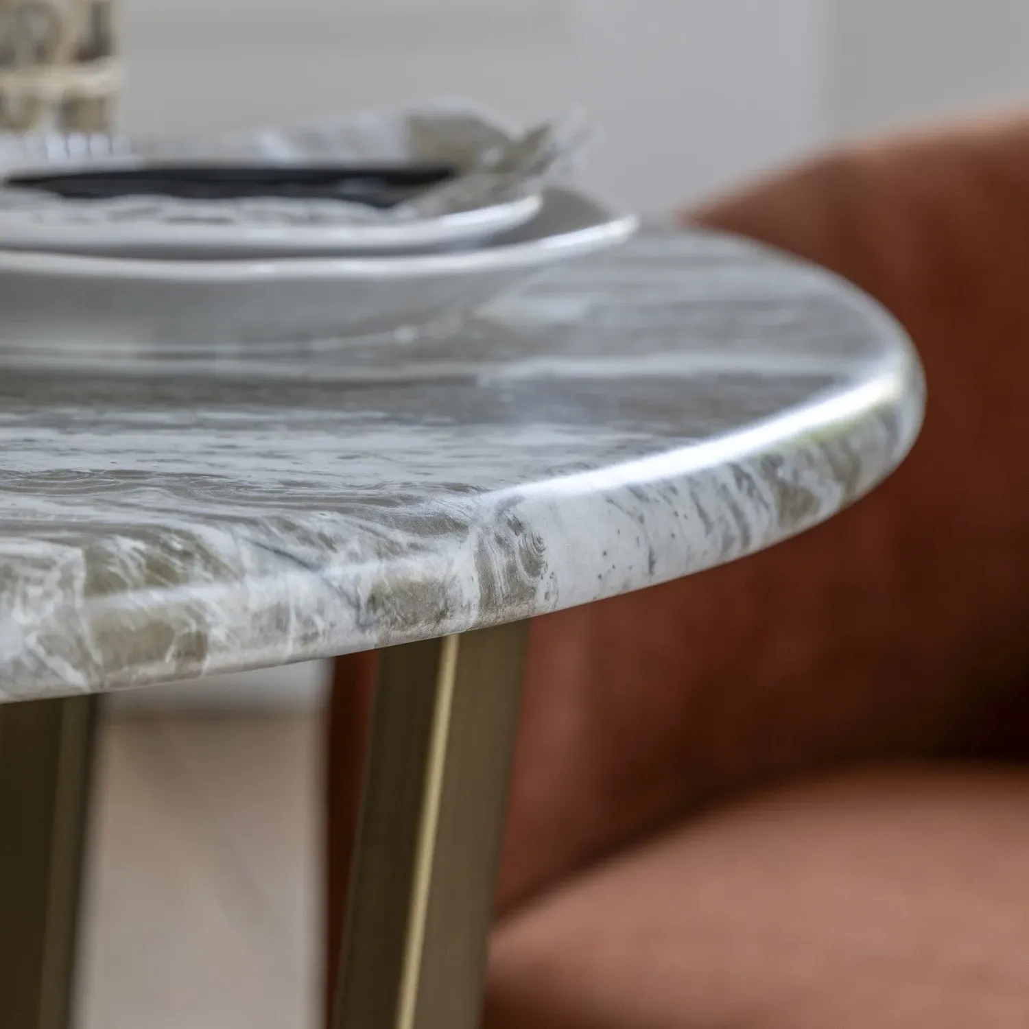 Round Dining Table - Green, Marble Effect