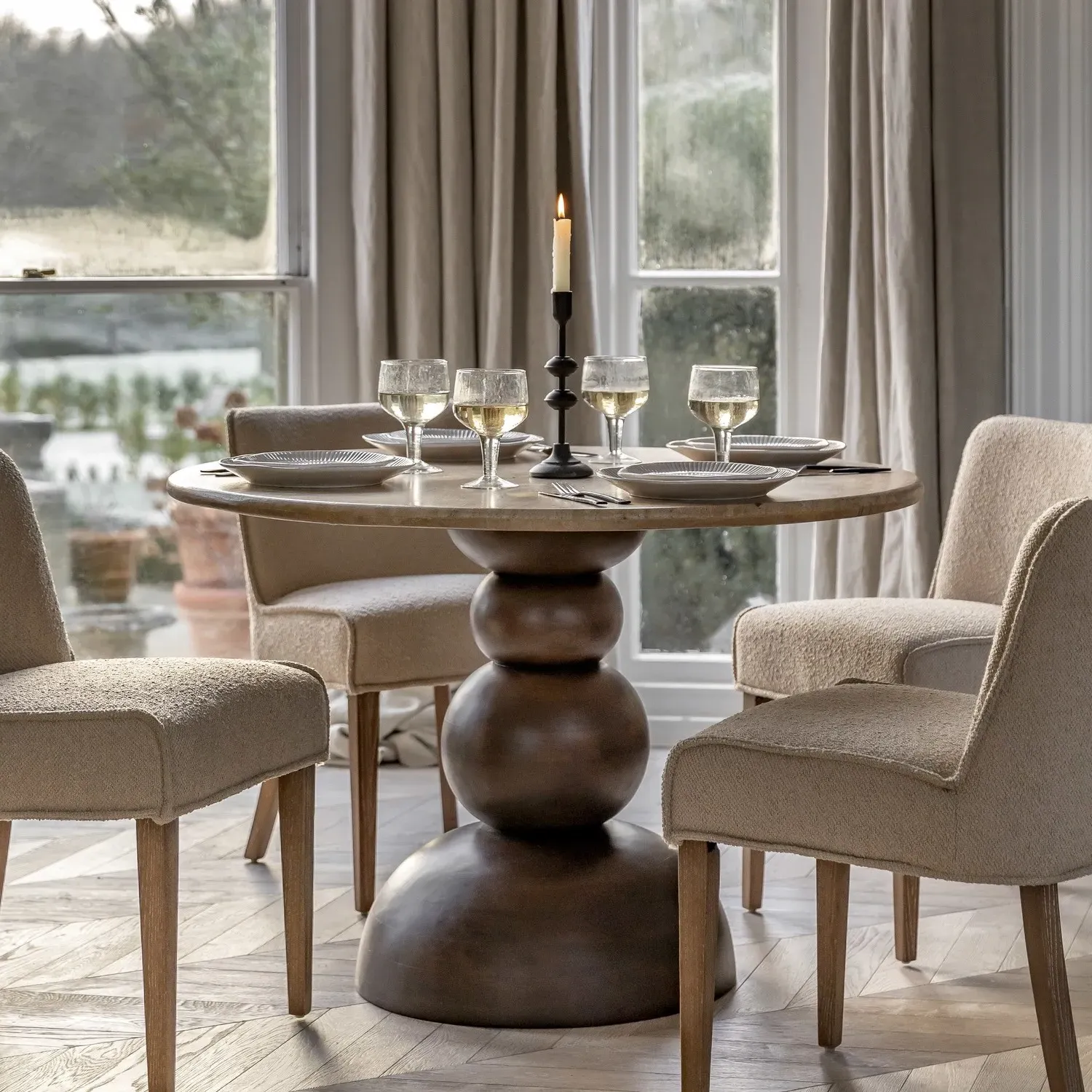 Round Dining Table with Travertine Top - Brown, Wood
